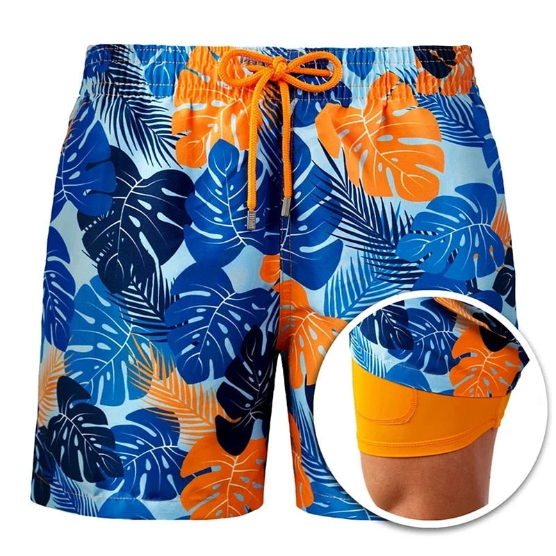 2022 Summer Shorts Men's Beach Pants Sports Pants Printed Double-Layer Shorts Men's Casual Quick-Drying Floral Shorts Men