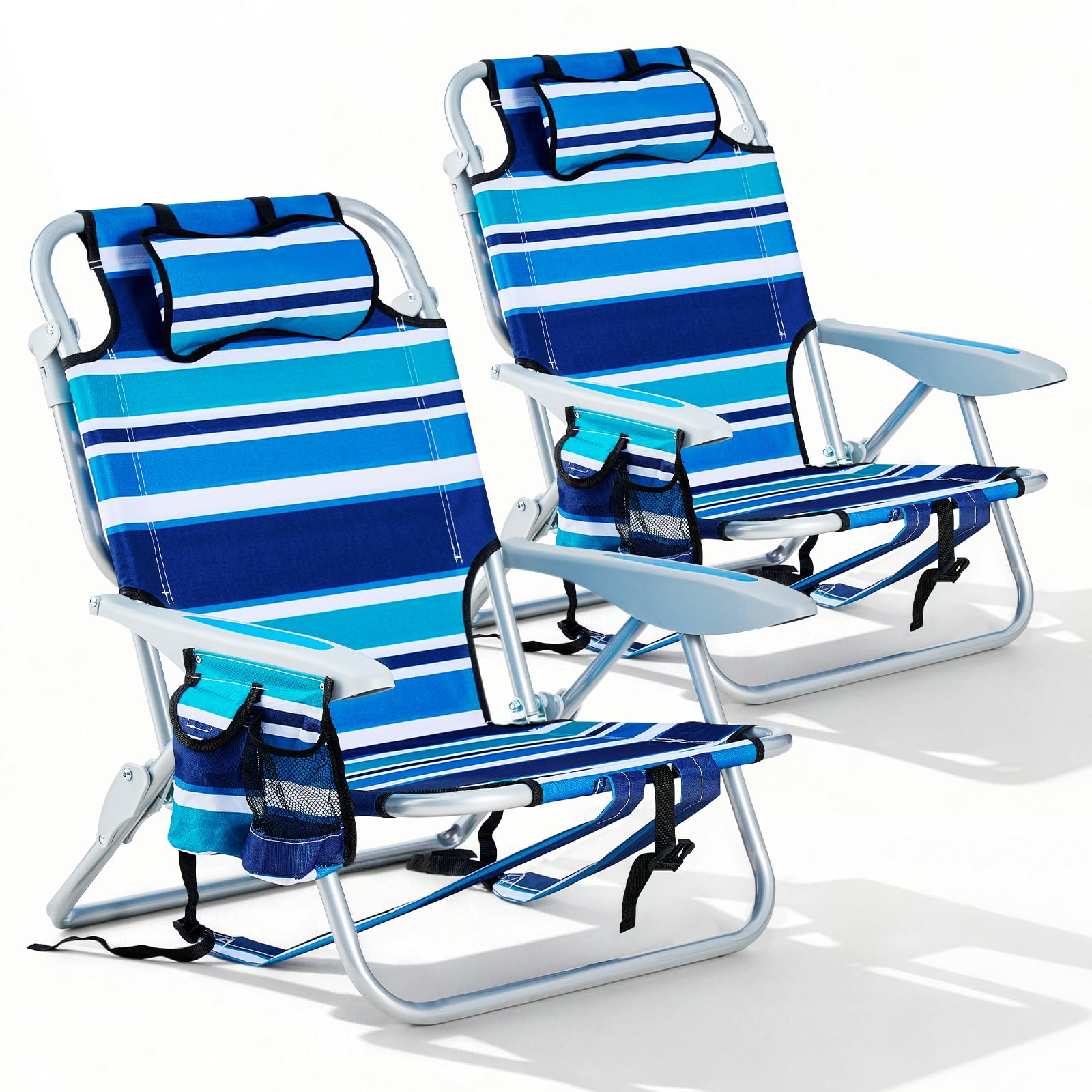 Portable Lay-Flat Beach Chair | 2-Pack | 5-Position Backpack Chair with Cup Holder