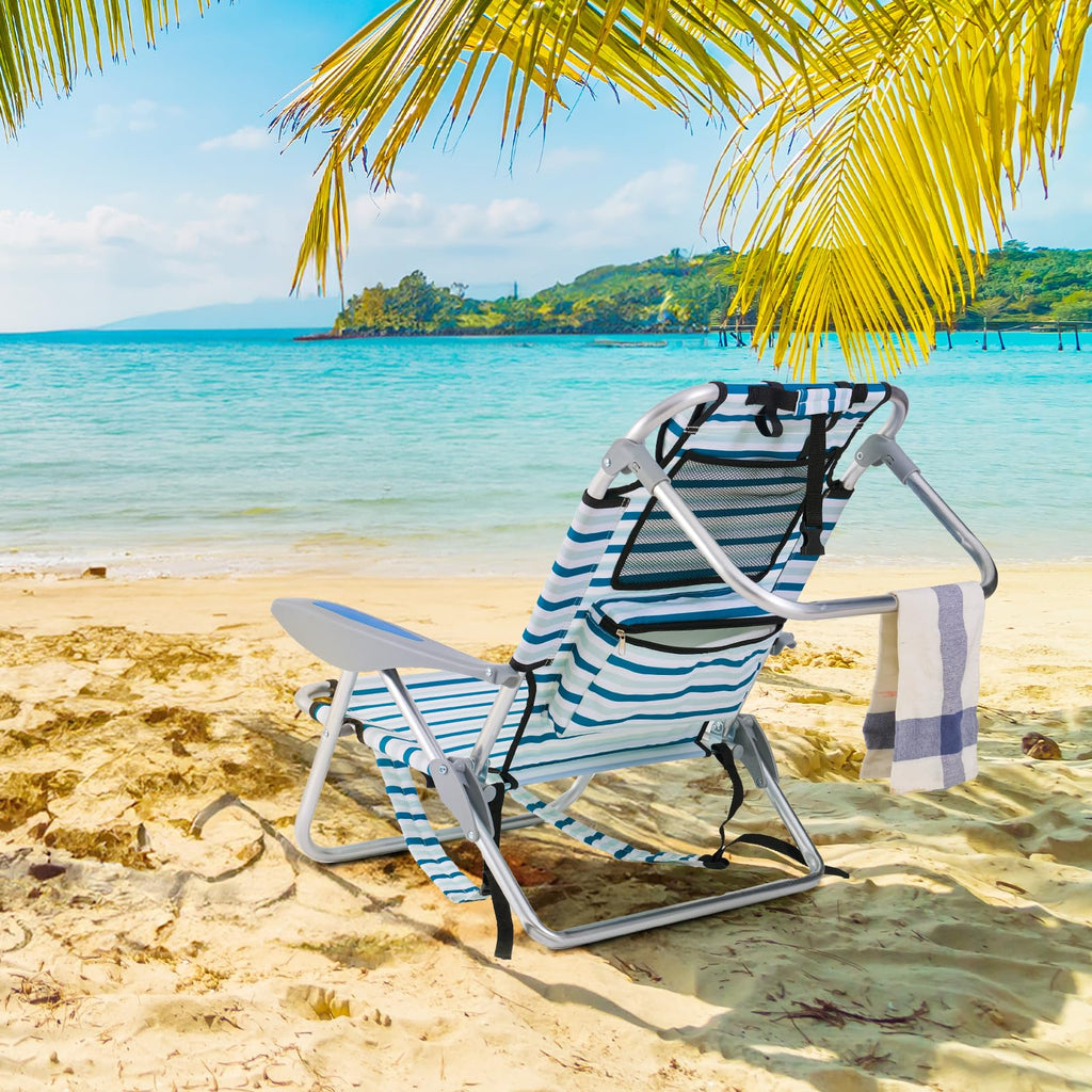 Portable Lay-Flat Beach Chair | 2-Pack | 5-Position Backpack Chair with Cup Holder