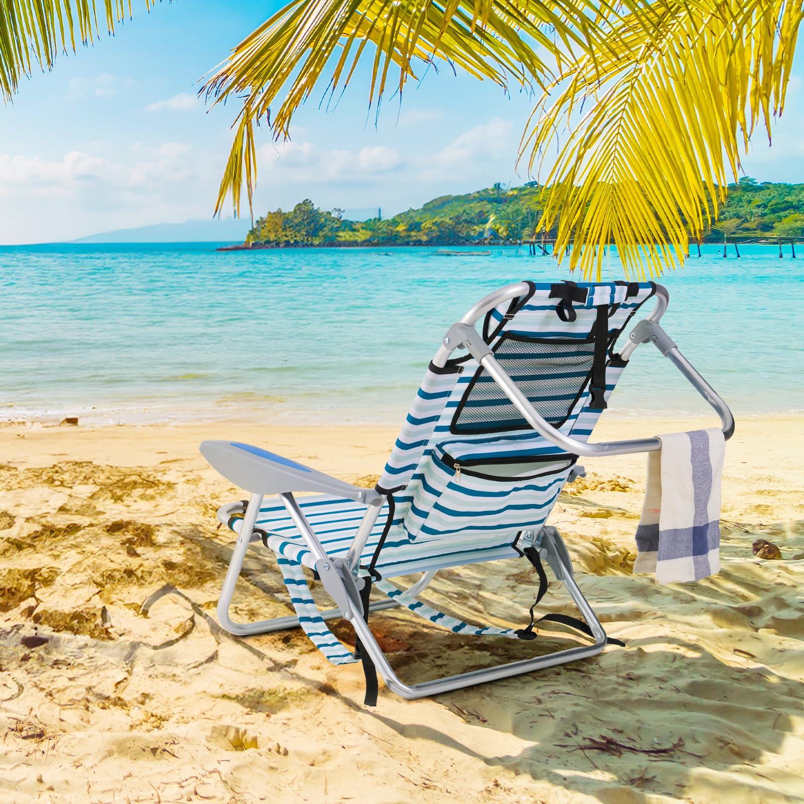 Portable Lay-Flat Beach Chair | 2-Pack | 5-Position Backpack Chair with Cup Holder