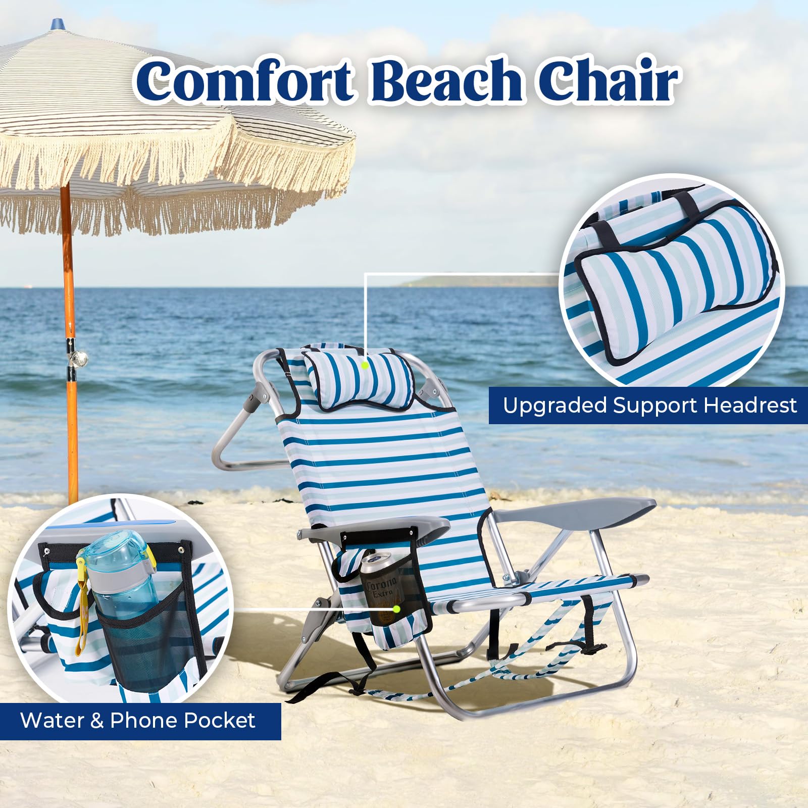 Portable Lay-Flat Beach Chair | 2-Pack | 5-Position Backpack Chair with Cup Holder