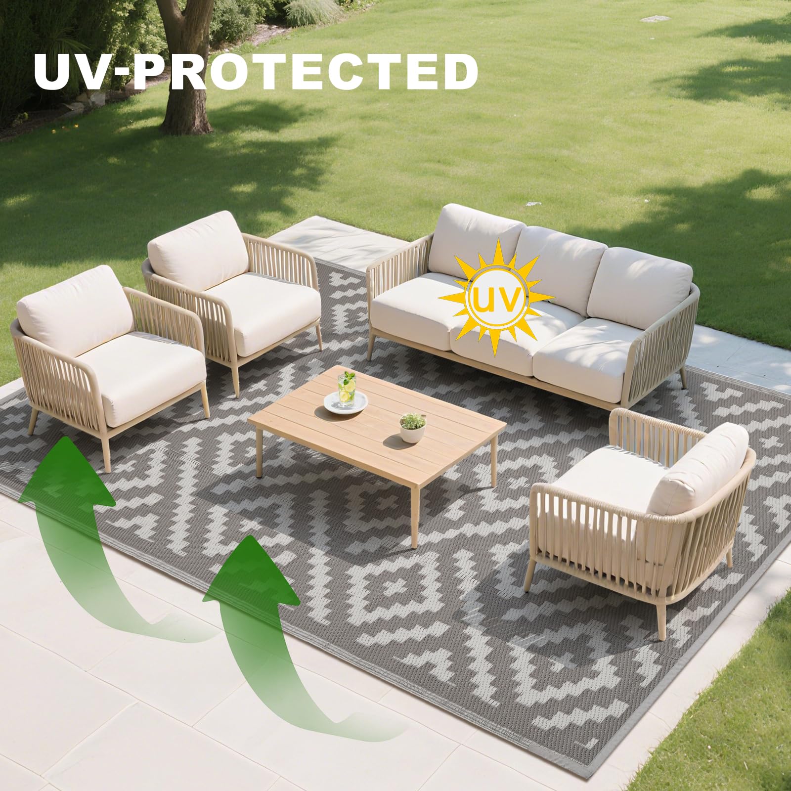 RURALITY Outdoor Rugs 8'x10' Waterproof for Patios Clearance,Plastic Straw Mats for RV, Camping,Backyard,Porch,Deck,Balcony,Reversible,Geometric