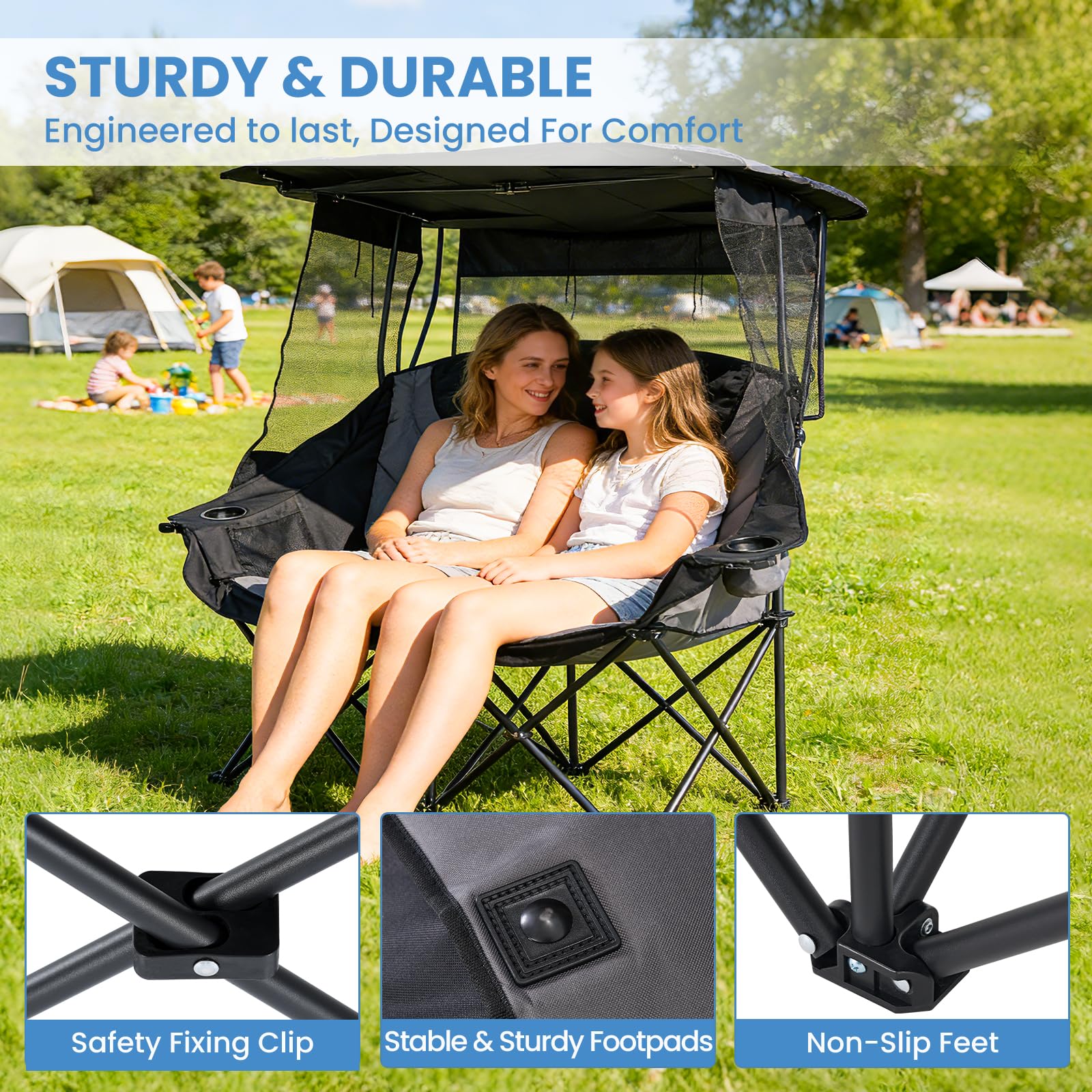 DoCred Double Camping Loveseat Chair | 2-Person | 660 lb Capacity | Cup Holders & Side Pockets
