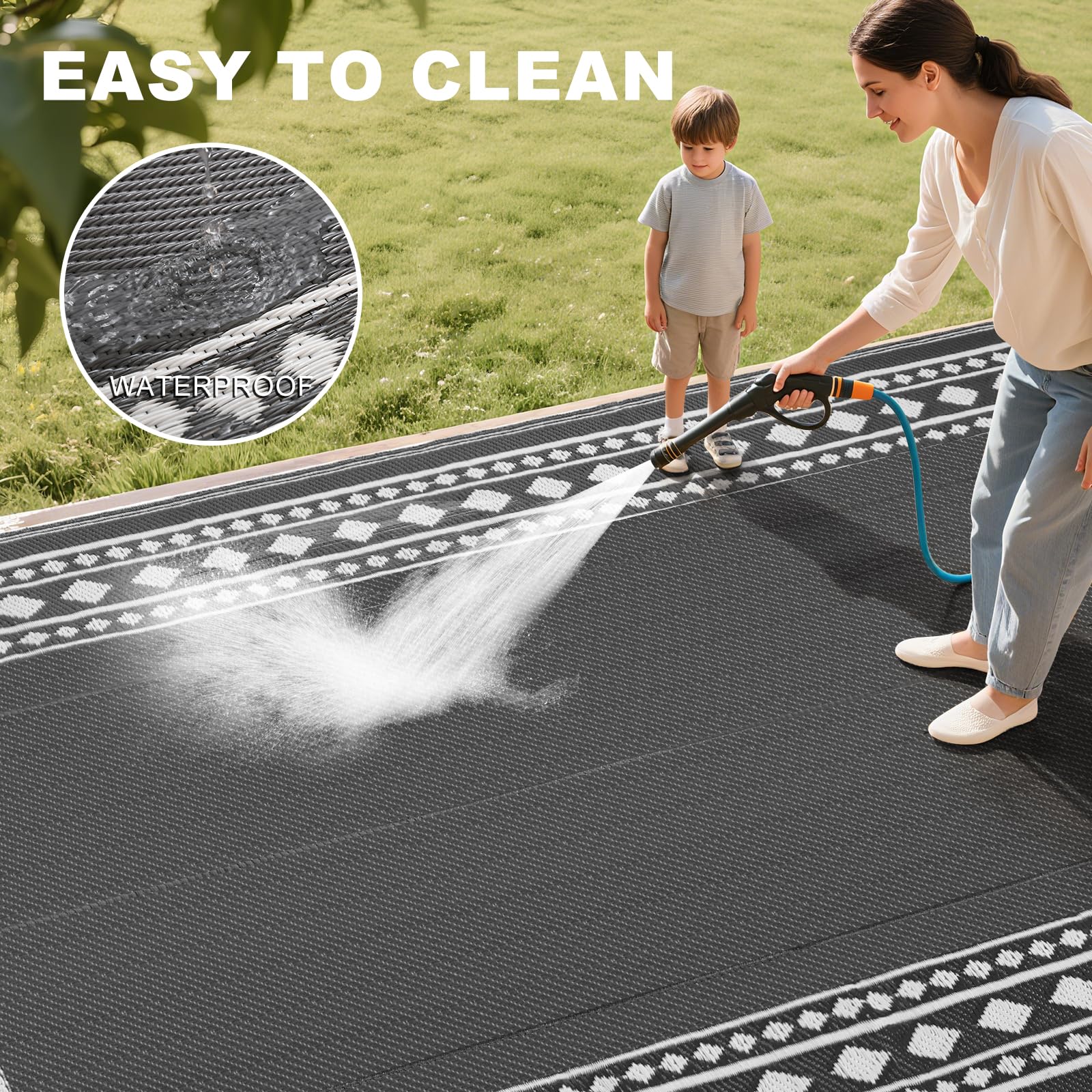 RURALITY Outdoor Rugs 8'x10' Waterproof for Patios Clearance,Plastic Straw Mats for RV, Camping,Backyard,Porch,Deck,Balcony,Reversible,Geometric