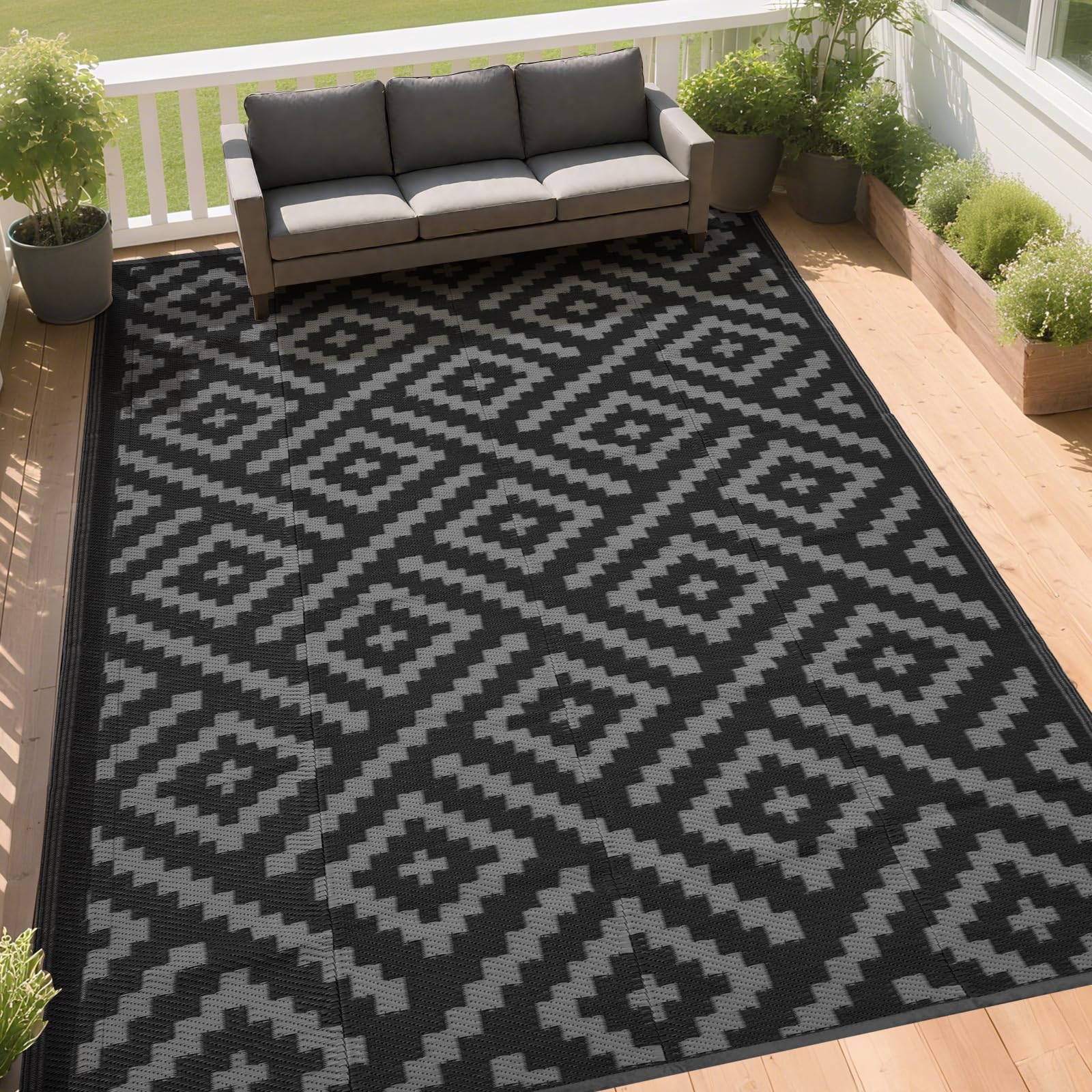 RURALITY Outdoor Rugs 8'x10' Waterproof for Patios Clearance,Plastic Straw Mats for RV, Camping,Backyard,Porch,Deck,Balcony,Reversible,Geometric