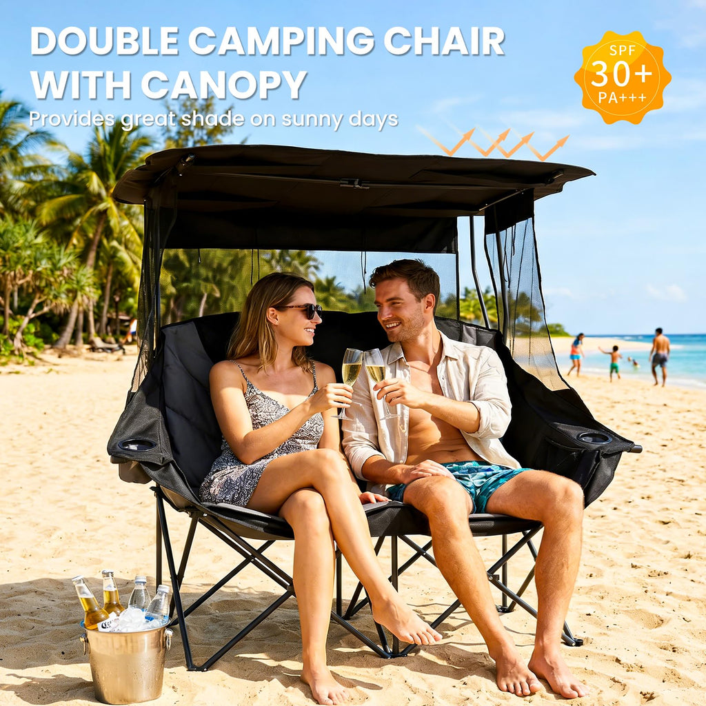 DoCred Double Camping Loveseat Chair | 2-Person | 660 lb Capacity | Cup Holders & Side Pockets