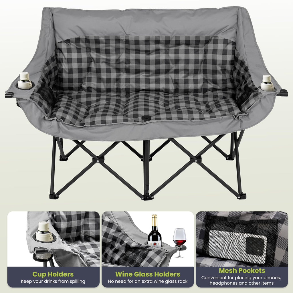 DoCred Double Camping Loveseat Chair | 2-Person | 660 lb Capacity | Cup Holders & Side Pockets