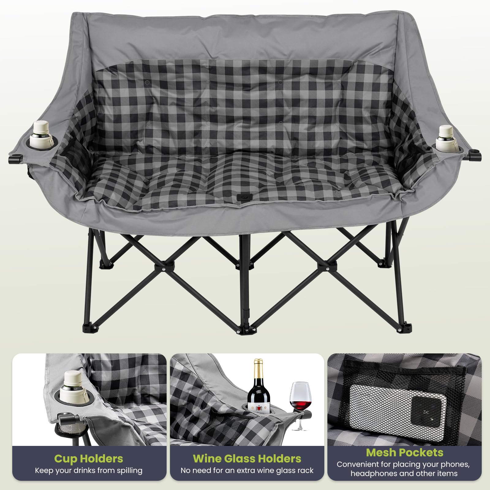 DoCred Double Camping Loveseat Chair | 2-Person | 660 lb Capacity | Cup Holders & Side Pockets