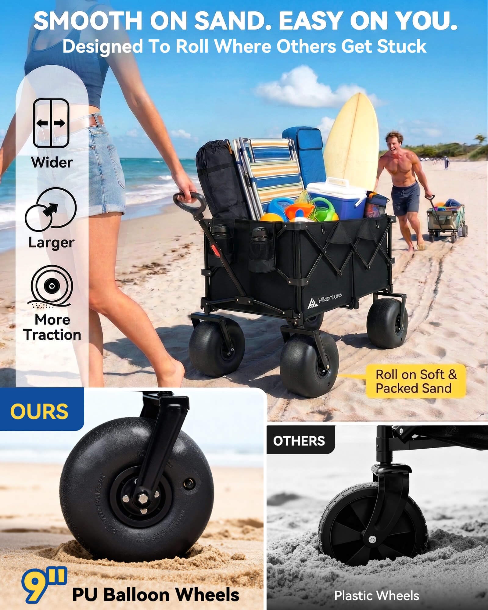 Hikenture Beach Wagon with Balloon Wheels | 440 lb Capacity | Collapsible Sand Cart