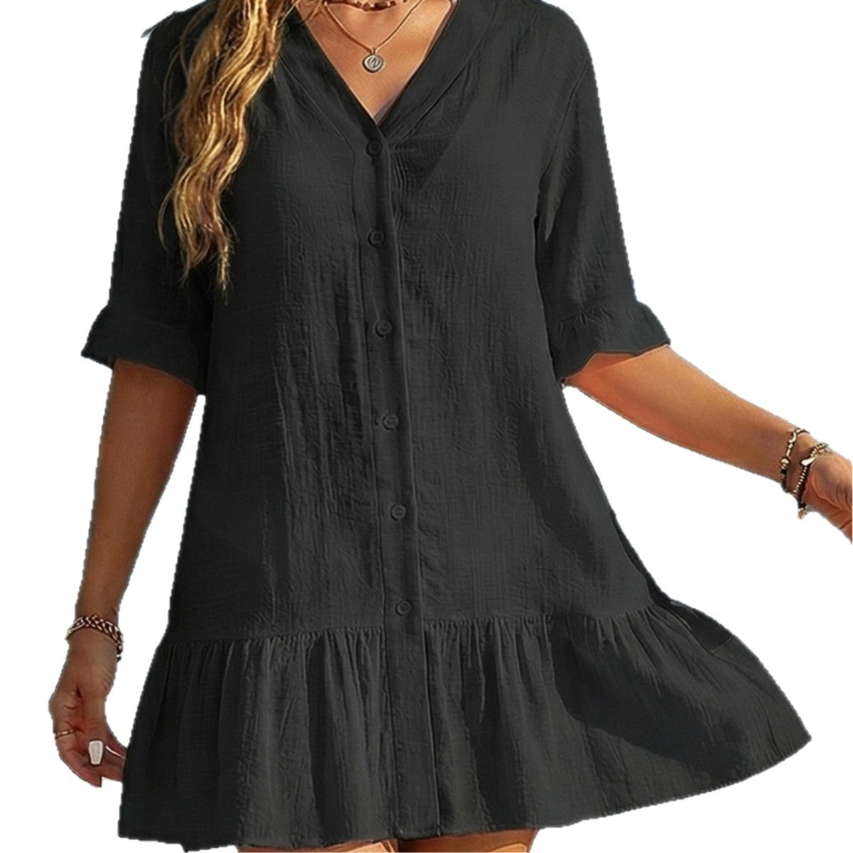 Lady Beach Cover-Up V-Neck Ruffle Button Front Casual Vacation smock Dress