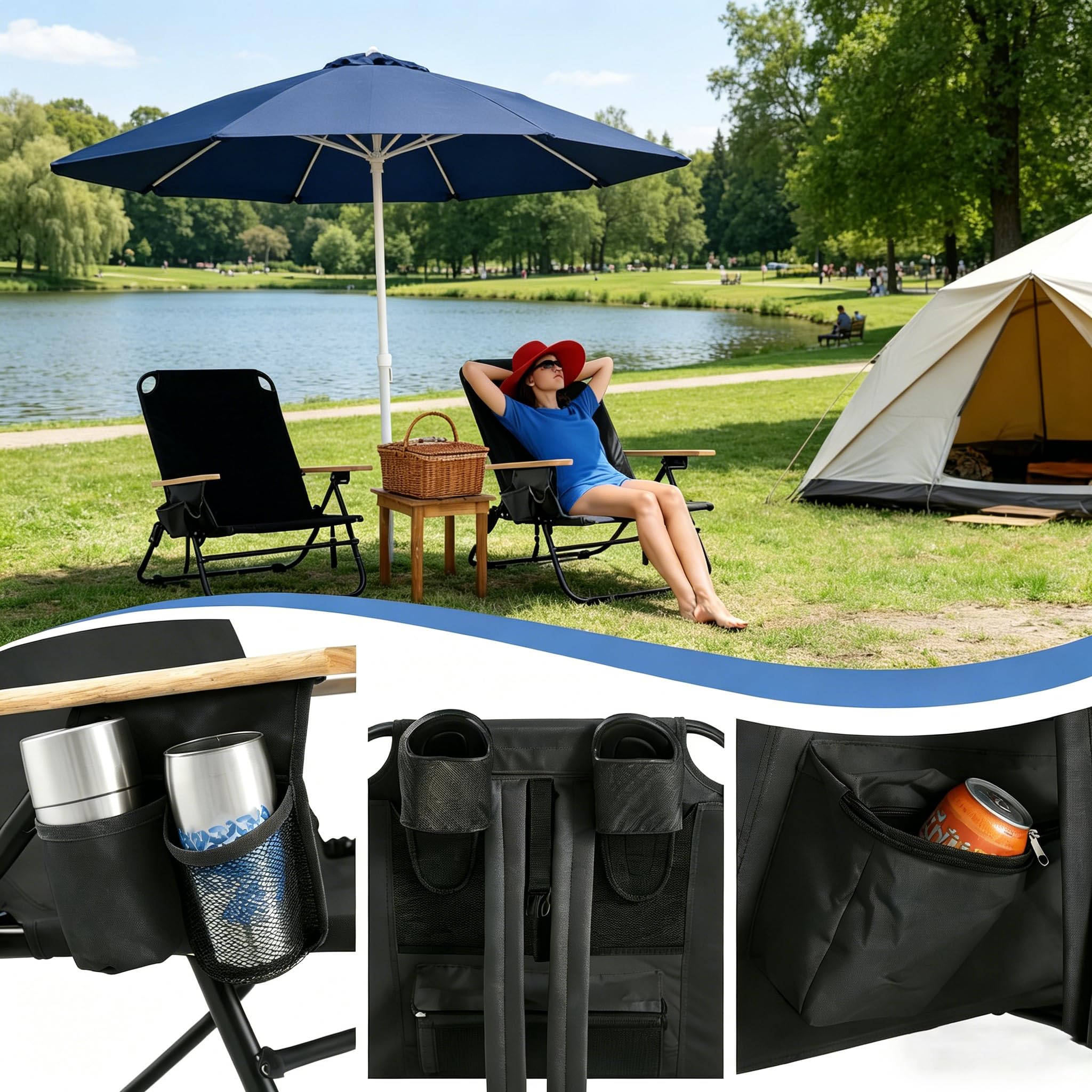 Portable Lay-Flat Beach Chair | 2-Pack | 5-Position Backpack Chair with Cup Holder