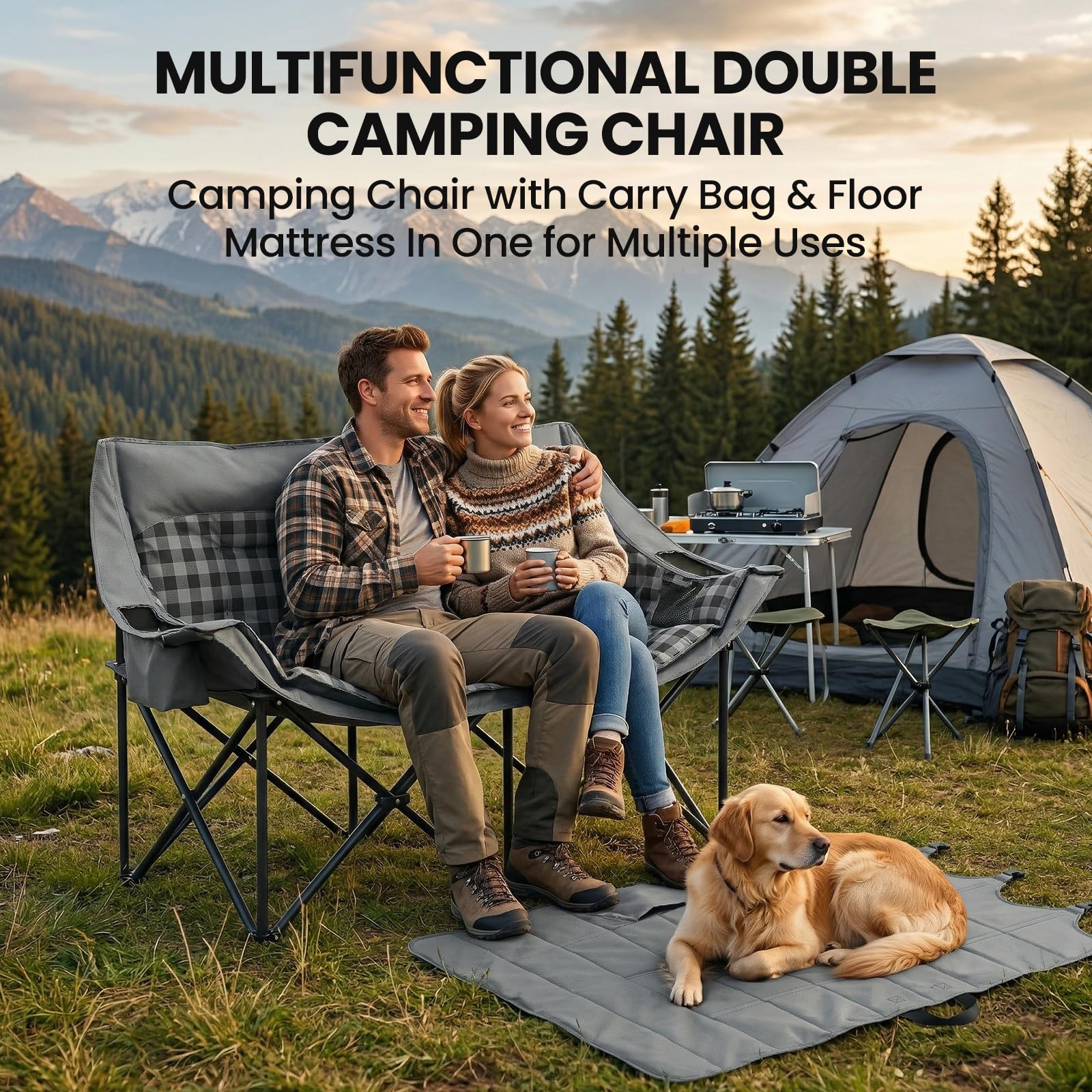 DoCred Double Camping Loveseat Chair | 2-Person | 660 lb Capacity | Cup Holders & Side Pockets