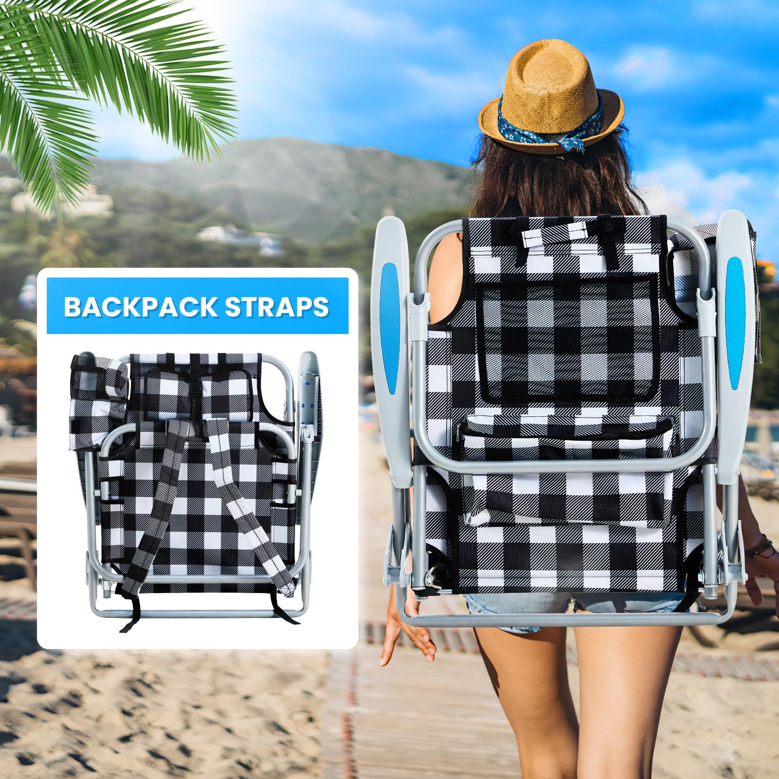 Portable Lay-Flat Beach Chair | 2-Pack | 5-Position Backpack Chair with Cup Holder