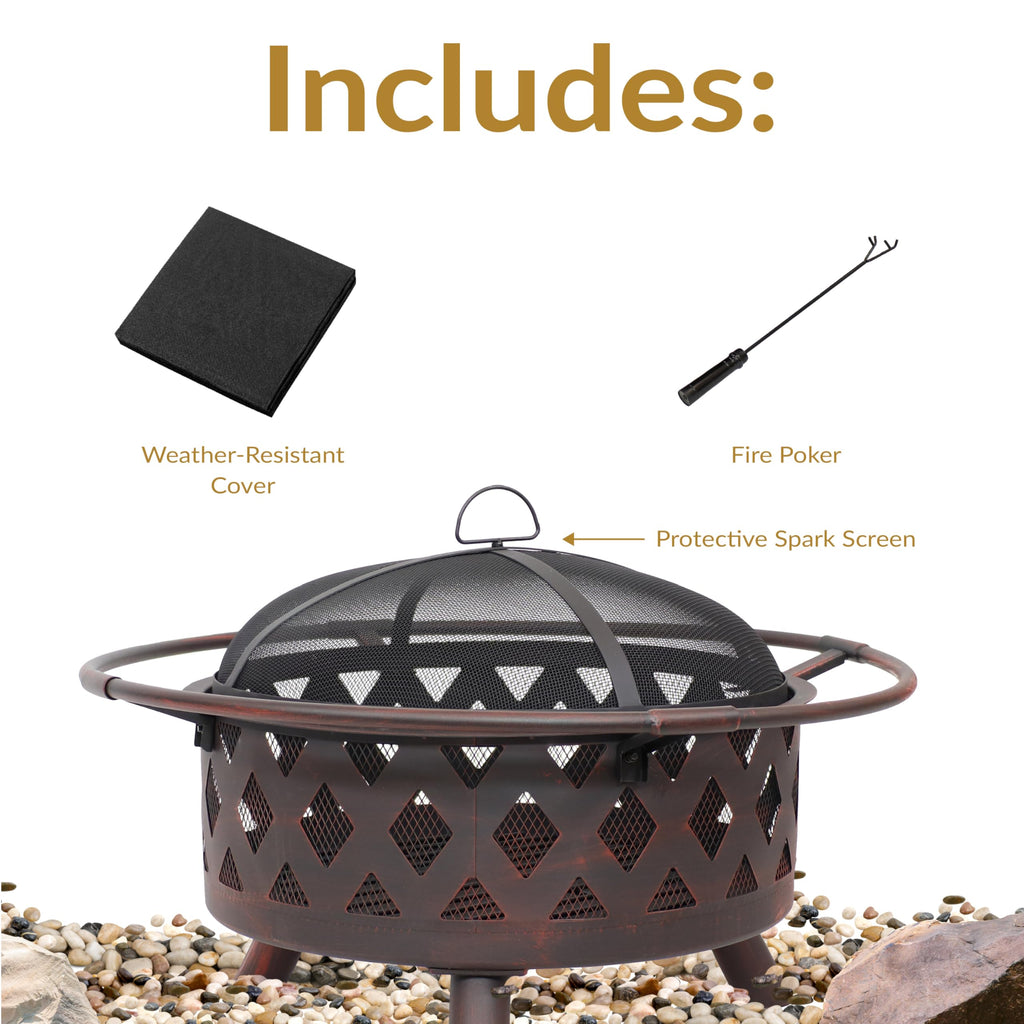 Sunnydaze Crossweave Outdoor Fire Pit | Wood-Burning | 30" & 36" | Spark Screen, Poker & Cover Included