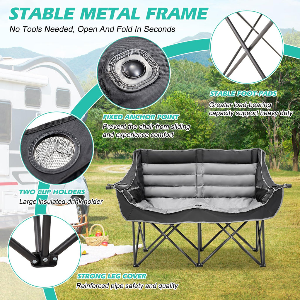DoCred Double Camping Loveseat Chair | 2-Person | 660 lb Capacity | Cup Holders & Side Pockets