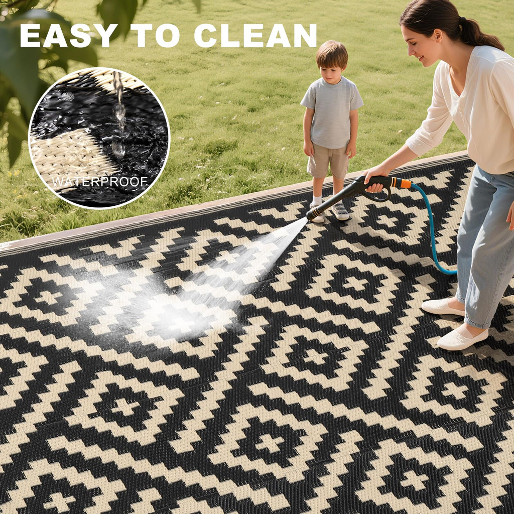 RURALITY Outdoor Rugs 8'x10' Waterproof for Patios Clearance,Plastic Straw Mats for RV, Camping,Backyard,Porch,Deck,Balcony,Reversible,Geometric