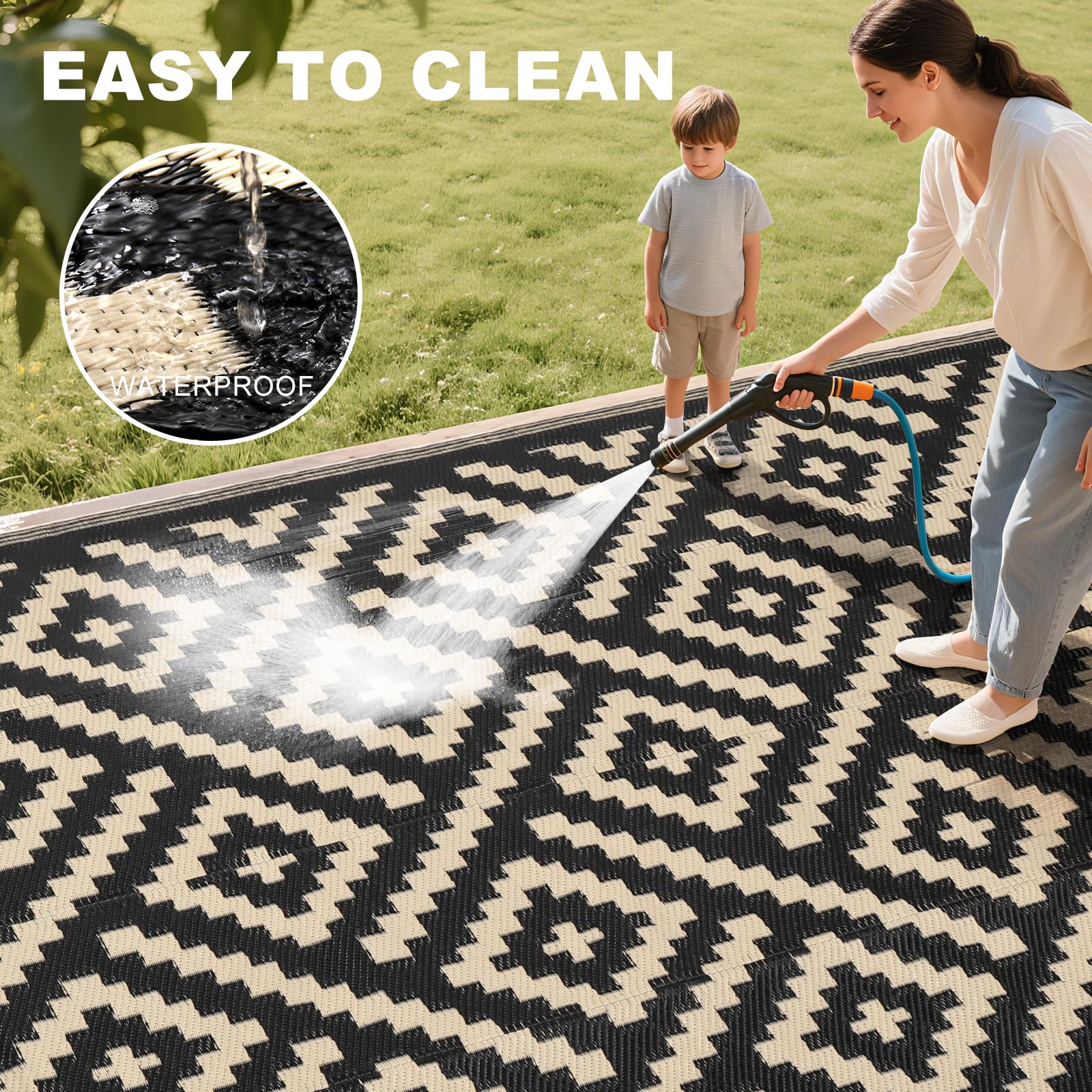 RURALITY Outdoor Rugs 8'x10' Waterproof for Patios Clearance,Plastic Straw Mats for RV, Camping,Backyard,Porch,Deck,Balcony,Reversible,Geometric