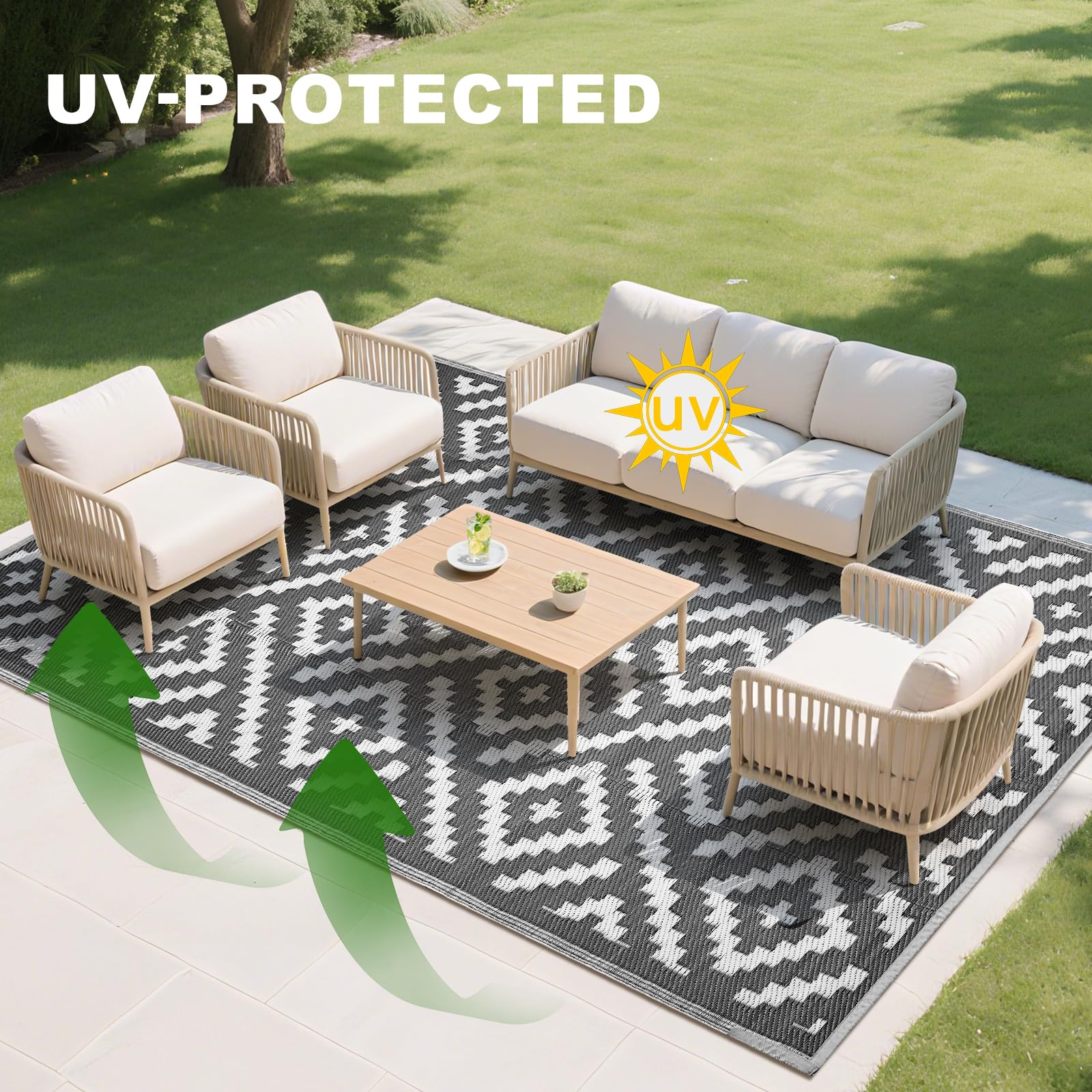 RURALITY Outdoor Rugs 8'x10' Waterproof for Patios Clearance,Plastic Straw Mats for RV, Camping,Backyard,Porch,Deck,Balcony,Reversible,Geometric