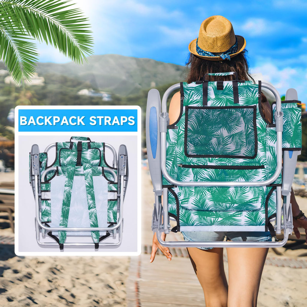 Portable Lay-Flat Beach Chair | 2-Pack | 5-Position Backpack Chair with Cup Holder
