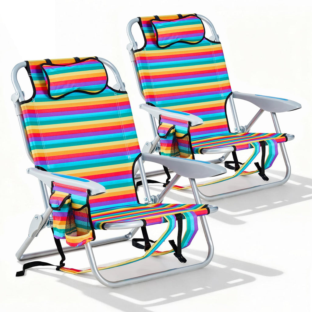 Portable Lay-Flat Beach Chair | 2-Pack | 5-Position Backpack Chair with Cup Holder