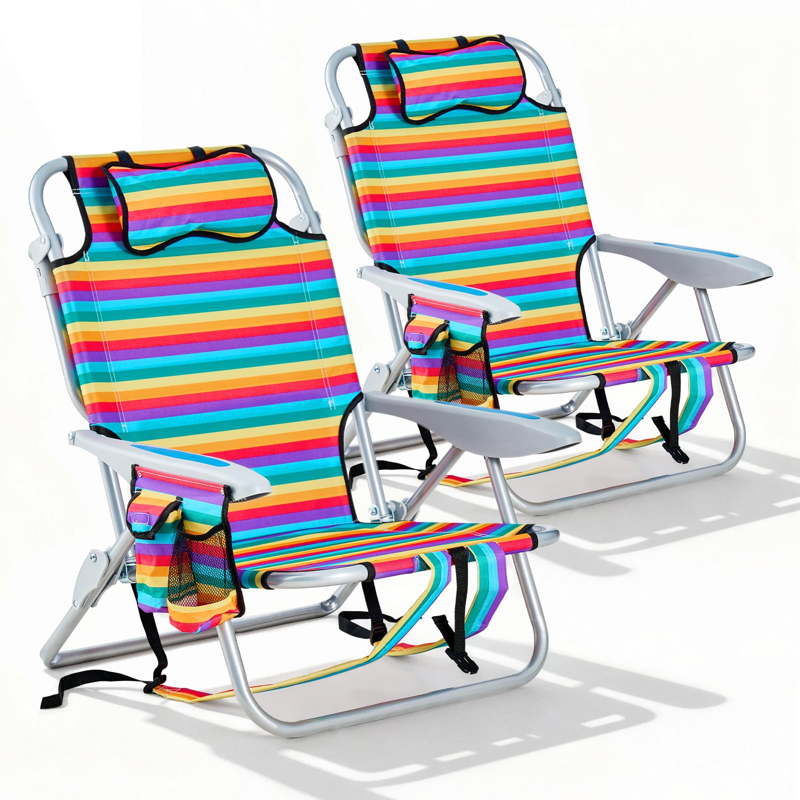 Portable Lay-Flat Beach Chair | 2-Pack | 5-Position Backpack Chair with Cup Holder