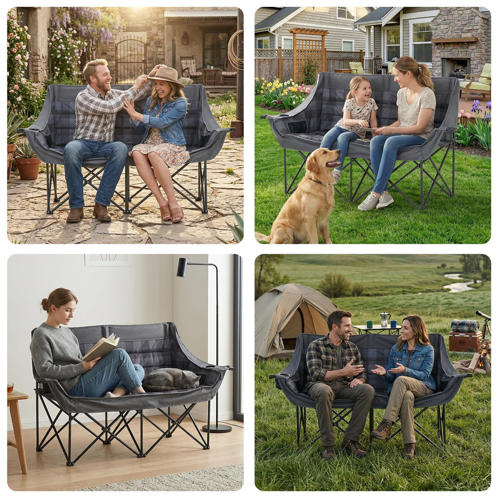 DoCred Double Camping Loveseat Chair | 2-Person | 660 lb Capacity | Cup Holders & Side Pockets