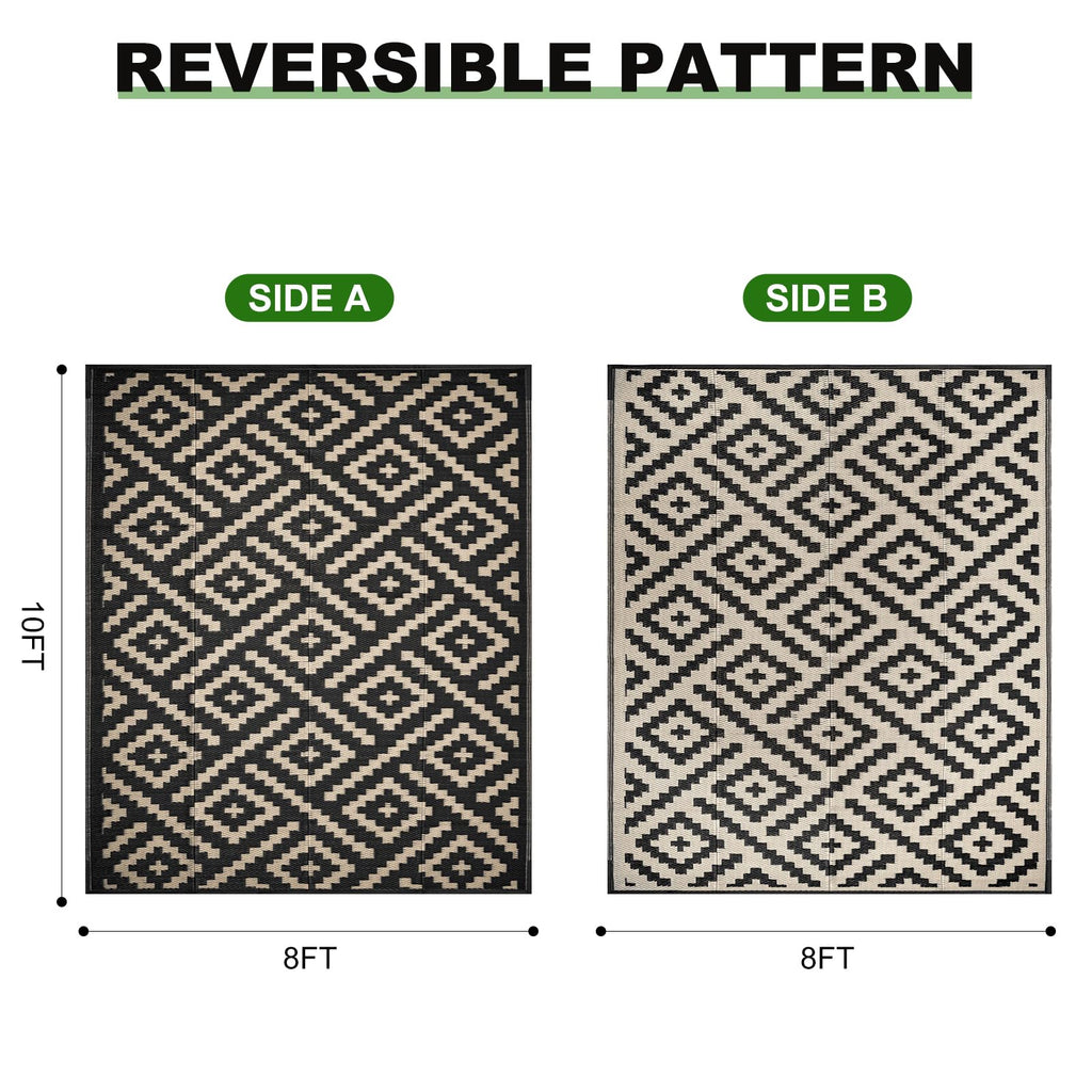 RURALITY Outdoor Rugs 8'x10' Waterproof for Patios Clearance,Plastic Straw Mats for RV, Camping,Backyard,Porch,Deck,Balcony,Reversible,Geometric