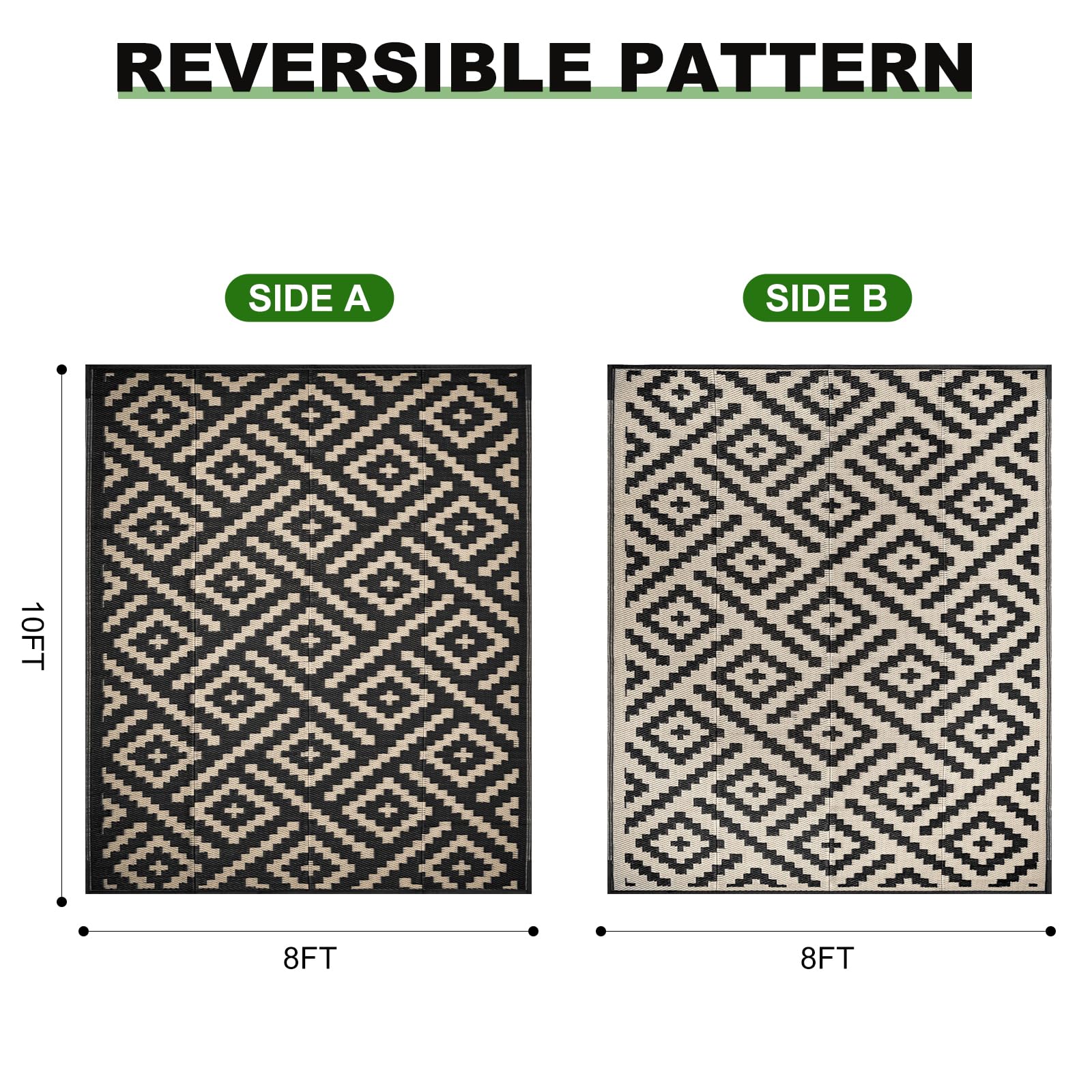 RURALITY Outdoor Rugs 8'x10' Waterproof for Patios Clearance,Plastic Straw Mats for RV, Camping,Backyard,Porch,Deck,Balcony,Reversible,Geometric