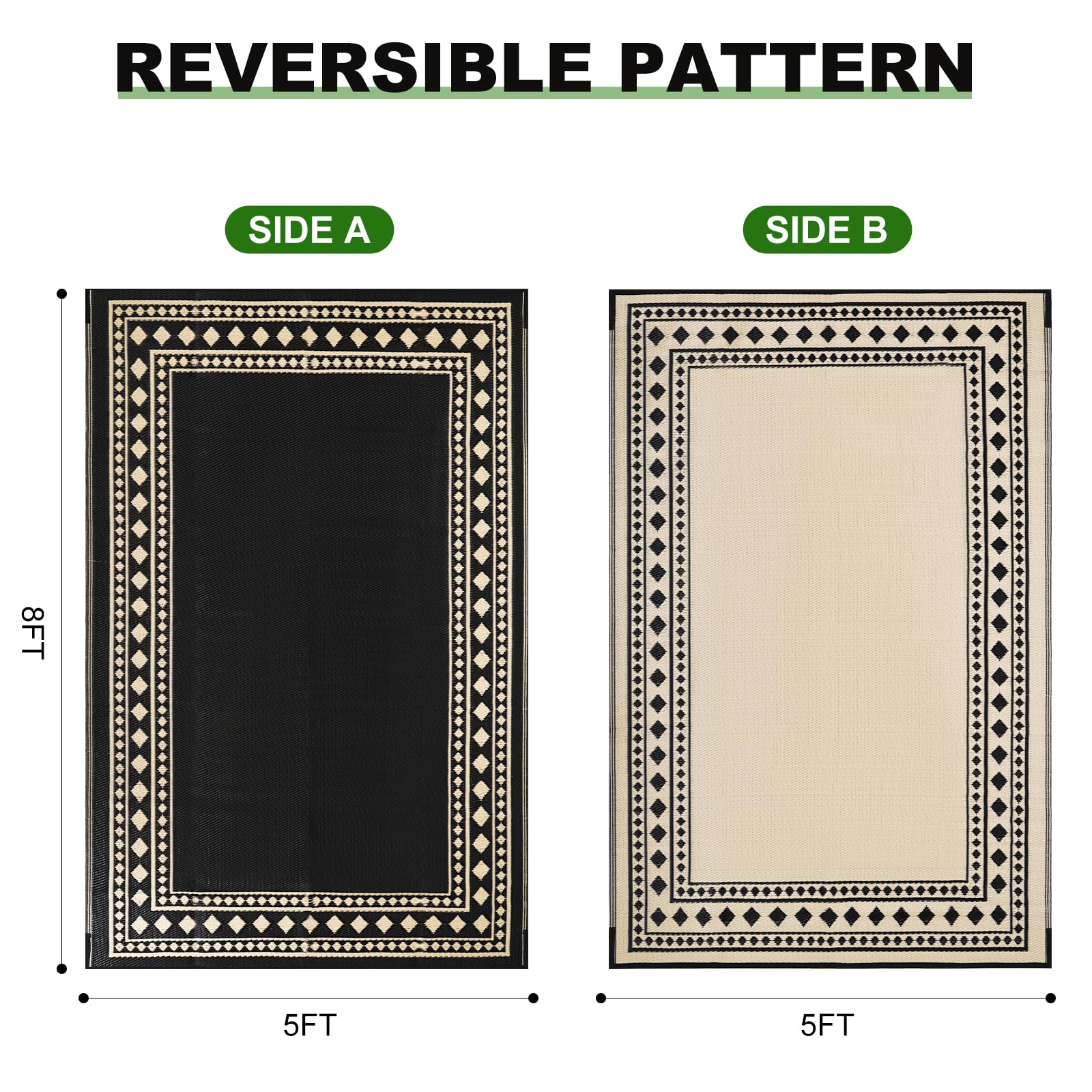RURALITY Outdoor Rugs 8'x10' Waterproof for Patios Clearance,Plastic Straw Mats for RV, Camping,Backyard,Porch,Deck,Balcony,Reversible,Geometric
