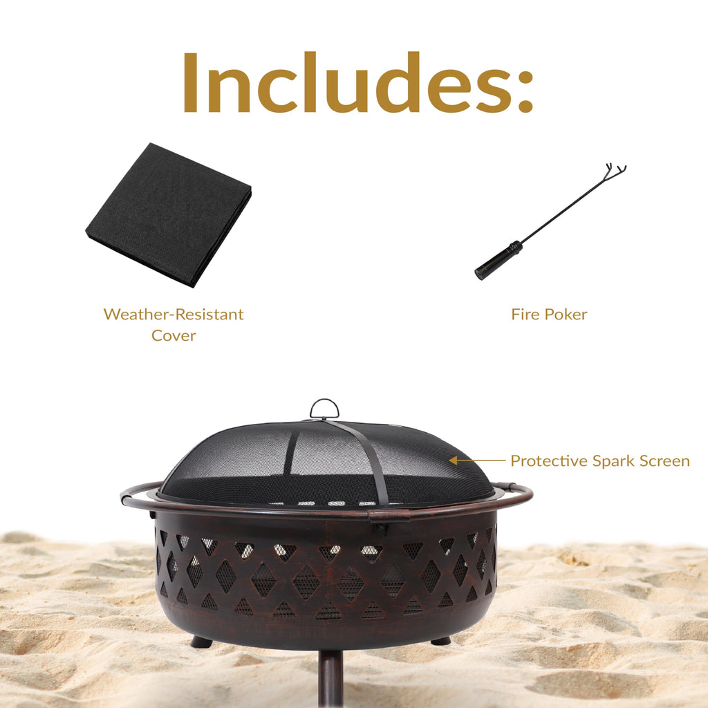 Sunnydaze Crossweave Outdoor Fire Pit | Wood-Burning | 30" & 36" | Spark Screen, Poker & Cover Included