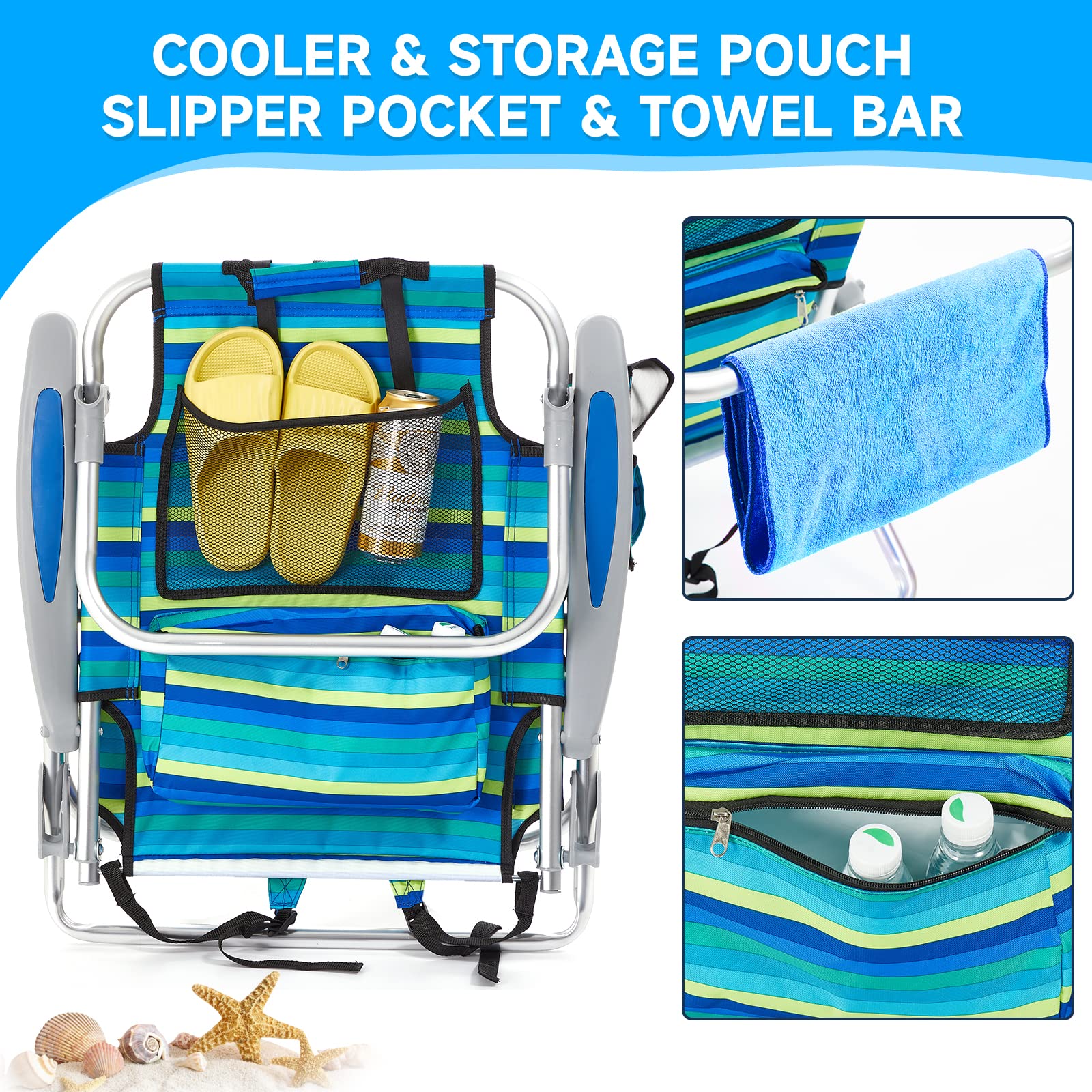 Portable Lay-Flat Beach Chair | 2-Pack | 5-Position Backpack Chair with Cup Holder