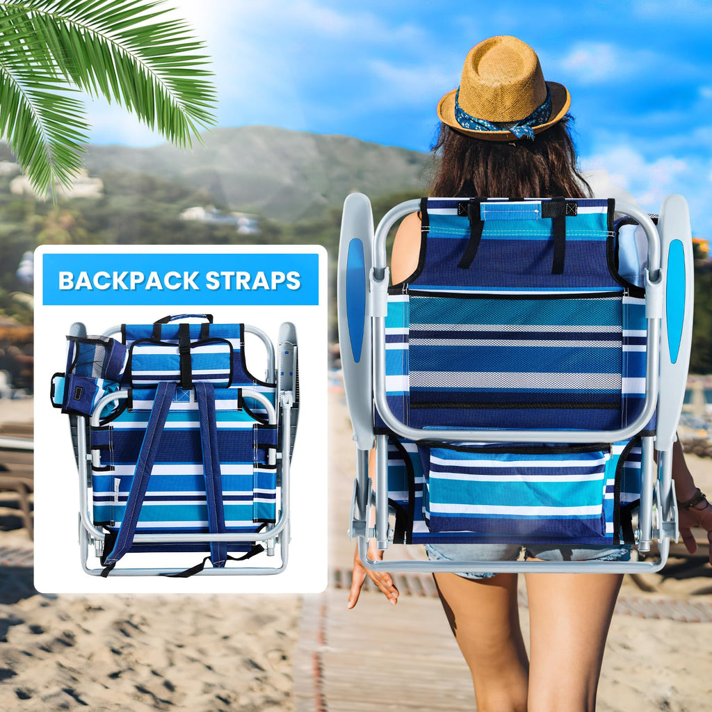 Portable Lay-Flat Beach Chair | 2-Pack | 5-Position Backpack Chair with Cup Holder