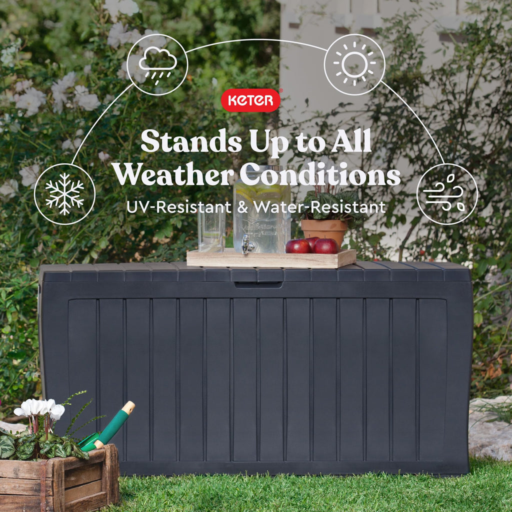 Keter Marvel Plus 71 Gallon Resin Outdoor Storage Box for Patio Furniture Cushions, Throw Pillows, Garden Tools and Pool Floats, Beige