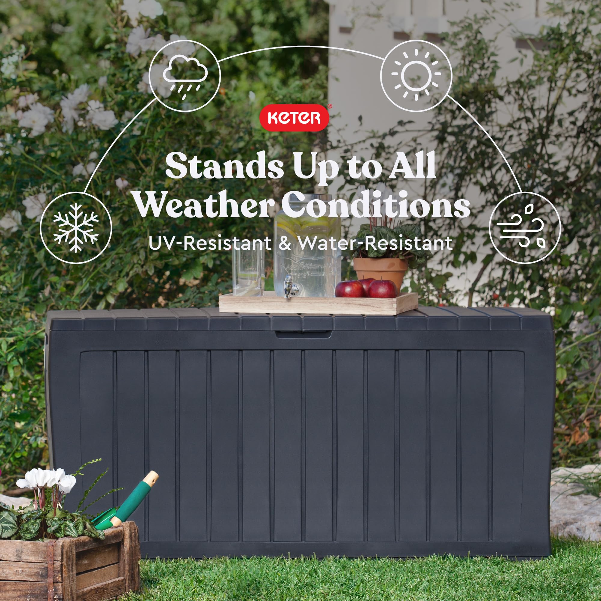 Keter Marvel Plus 71 Gallon Resin Outdoor Storage Box for Patio Furniture Cushions, Throw Pillows, Garden Tools and Pool Floats, Beige