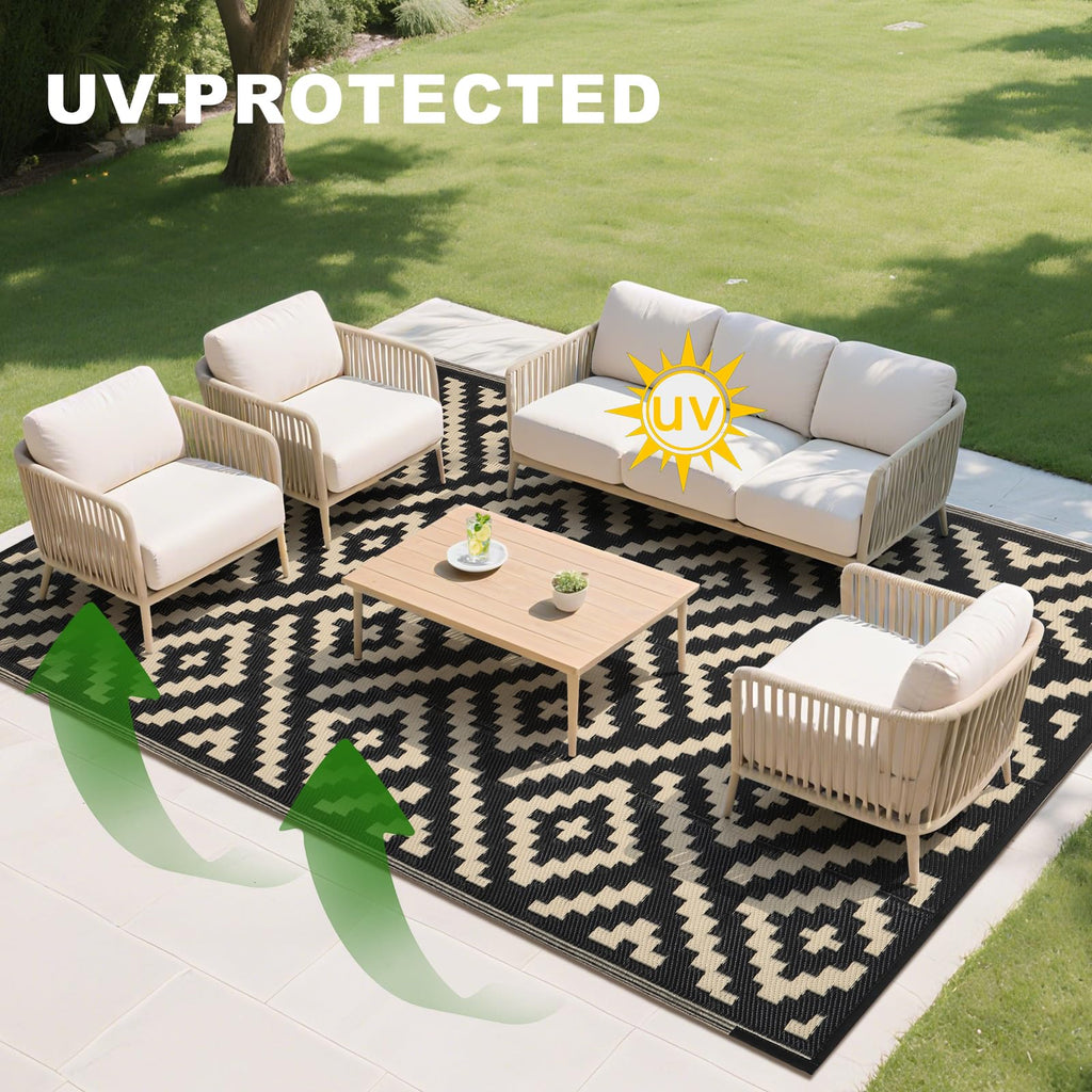 RURALITY Outdoor Rugs 8'x10' Waterproof for Patios Clearance,Plastic Straw Mats for RV, Camping,Backyard,Porch,Deck,Balcony,Reversible,Geometric