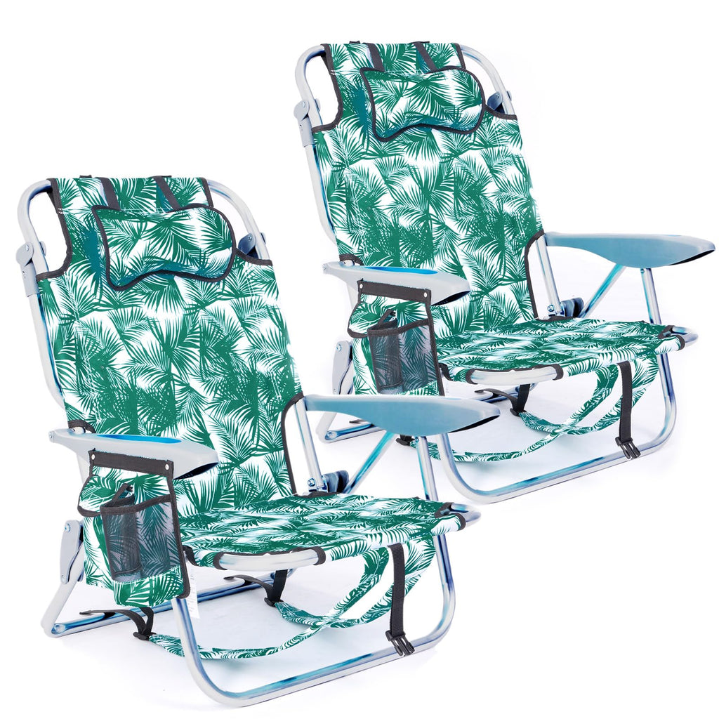 Portable Lay-Flat Beach Chair | 2-Pack | 5-Position Backpack Chair with Cup Holder
