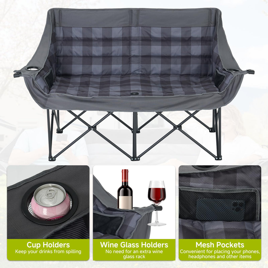 DoCred Double Camping Loveseat Chair | 2-Person | 660 lb Capacity | Cup Holders & Side Pockets