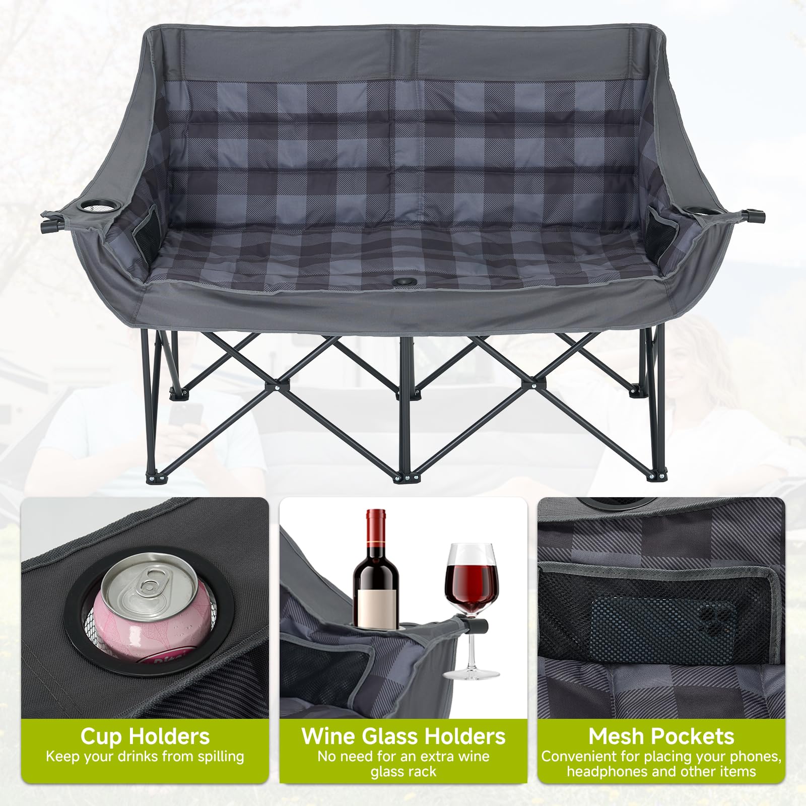 DoCred Double Camping Loveseat Chair | 2-Person | 660 lb Capacity | Cup Holders & Side Pockets