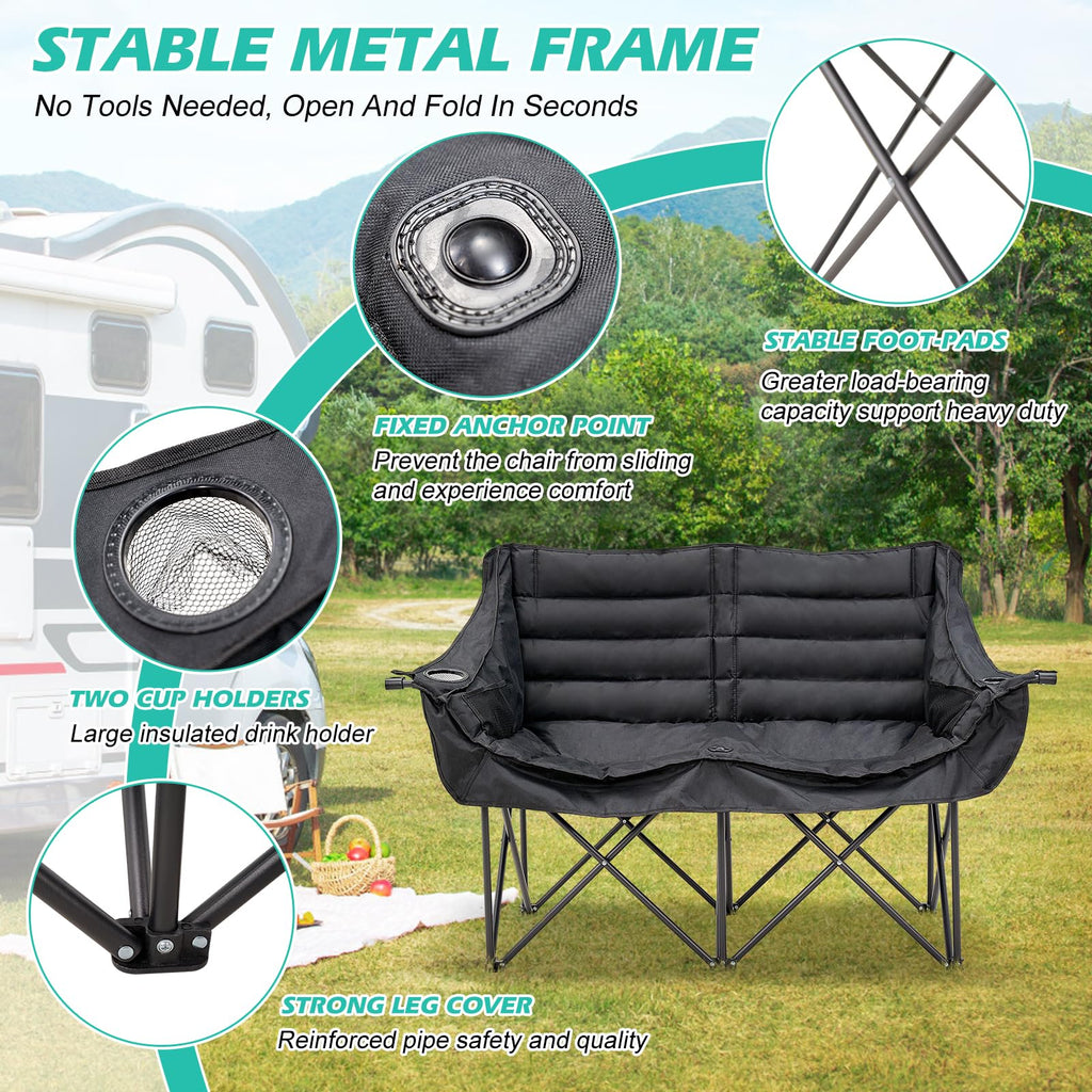 DoCred Double Camping Loveseat Chair | 2-Person | 660 lb Capacity | Cup Holders & Side Pockets
