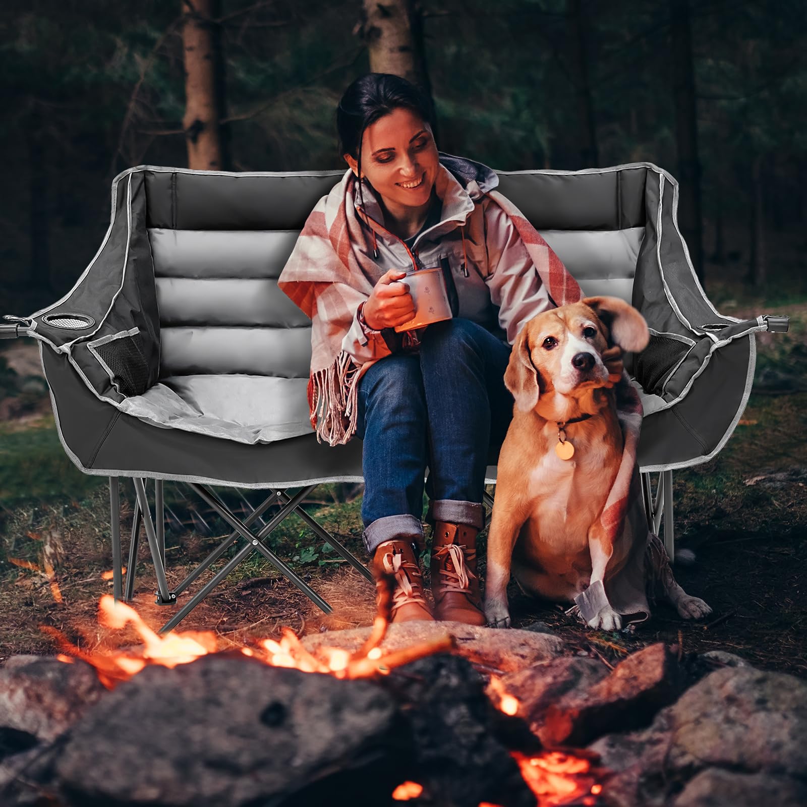 DoCred Double Camping Loveseat Chair | 2-Person | 660 lb Capacity | Cup Holders & Side Pockets