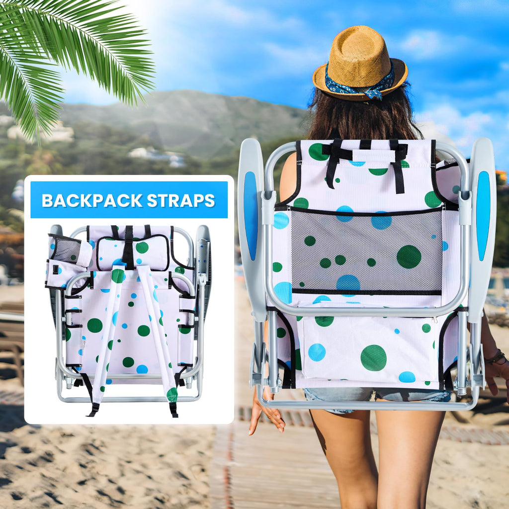 Portable Lay-Flat Beach Chair | 2-Pack | 5-Position Backpack Chair with Cup Holder