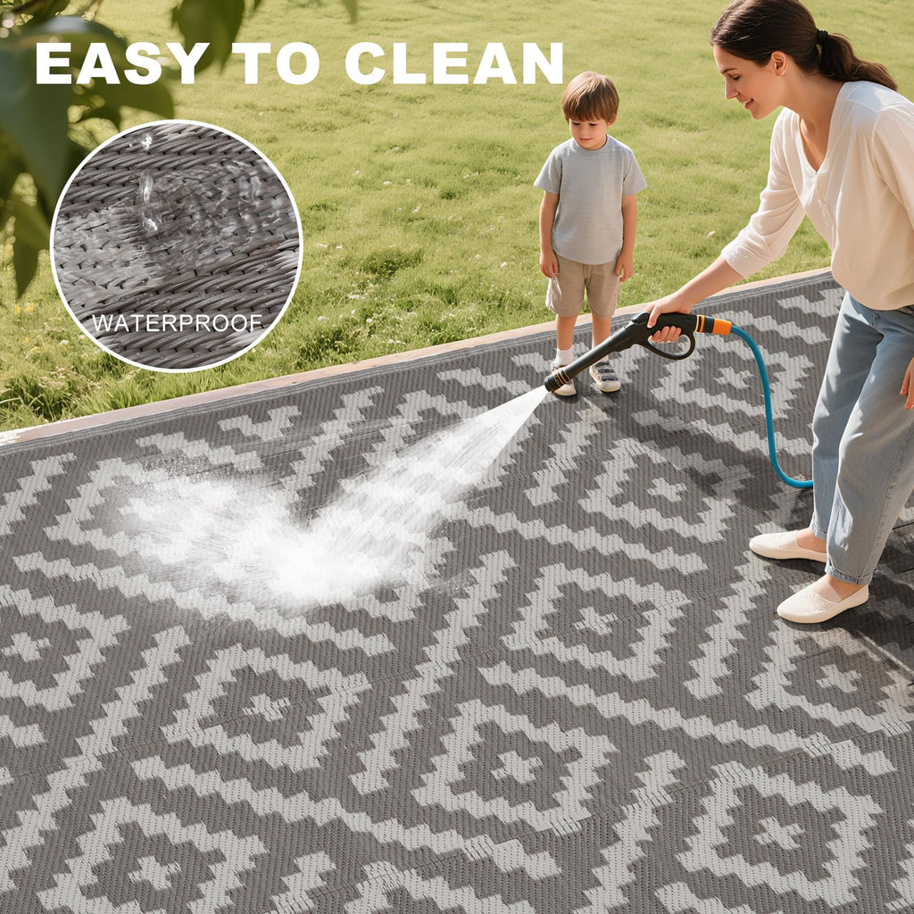 RURALITY Outdoor Rugs 8'x10' Waterproof for Patios Clearance,Plastic Straw Mats for RV, Camping,Backyard,Porch,Deck,Balcony,Reversible,Geometric