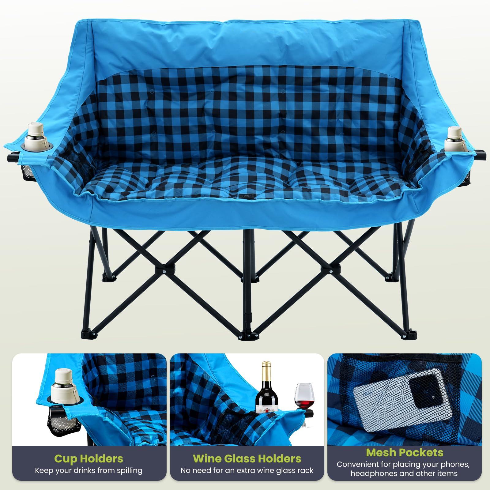 DoCred Double Camping Loveseat Chair | 2-Person | 660 lb Capacity | Cup Holders & Side Pockets
