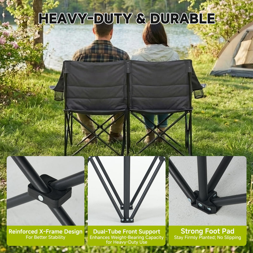 DoCred Double Camping Loveseat Chair | 2-Person | 660 lb Capacity | Cup Holders & Side Pockets
