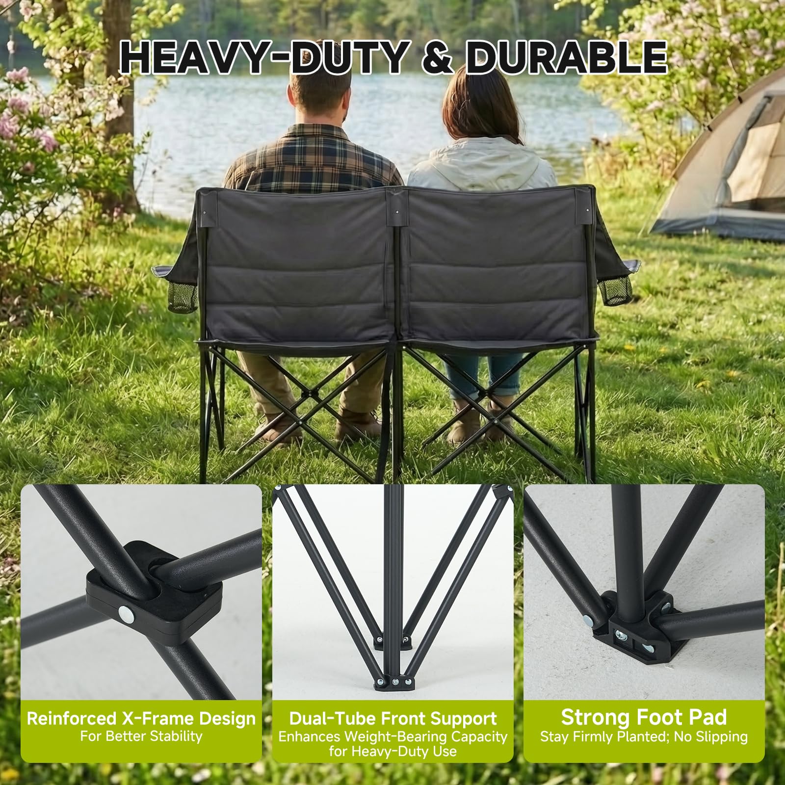 DoCred Double Camping Loveseat Chair | 2-Person | 660 lb Capacity | Cup Holders & Side Pockets