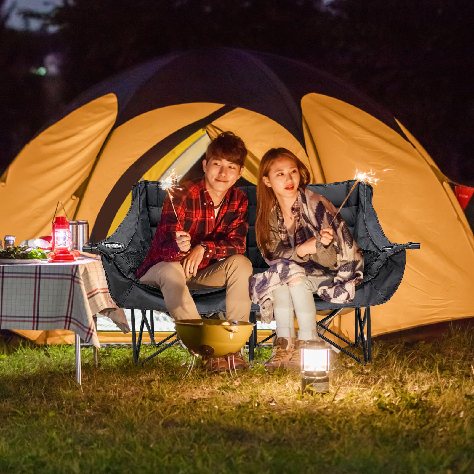 DoCred Double Camping Loveseat Chair | 2-Person | 660 lb Capacity | Cup Holders & Side Pockets