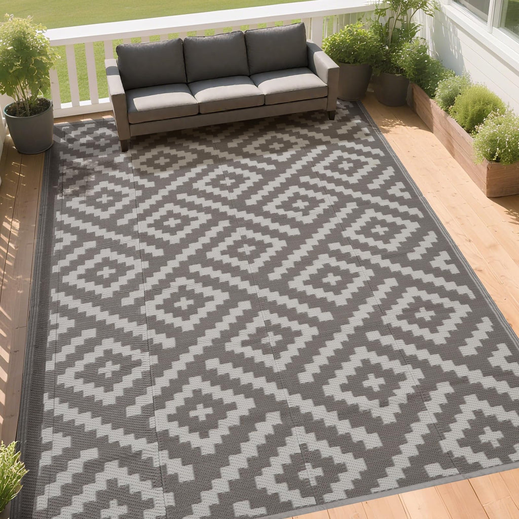 RURALITY Outdoor Rugs 8'x10' Waterproof for Patios Clearance,Plastic Straw Mats for RV, Camping,Backyard,Porch,Deck,Balcony,Reversible,Geometric