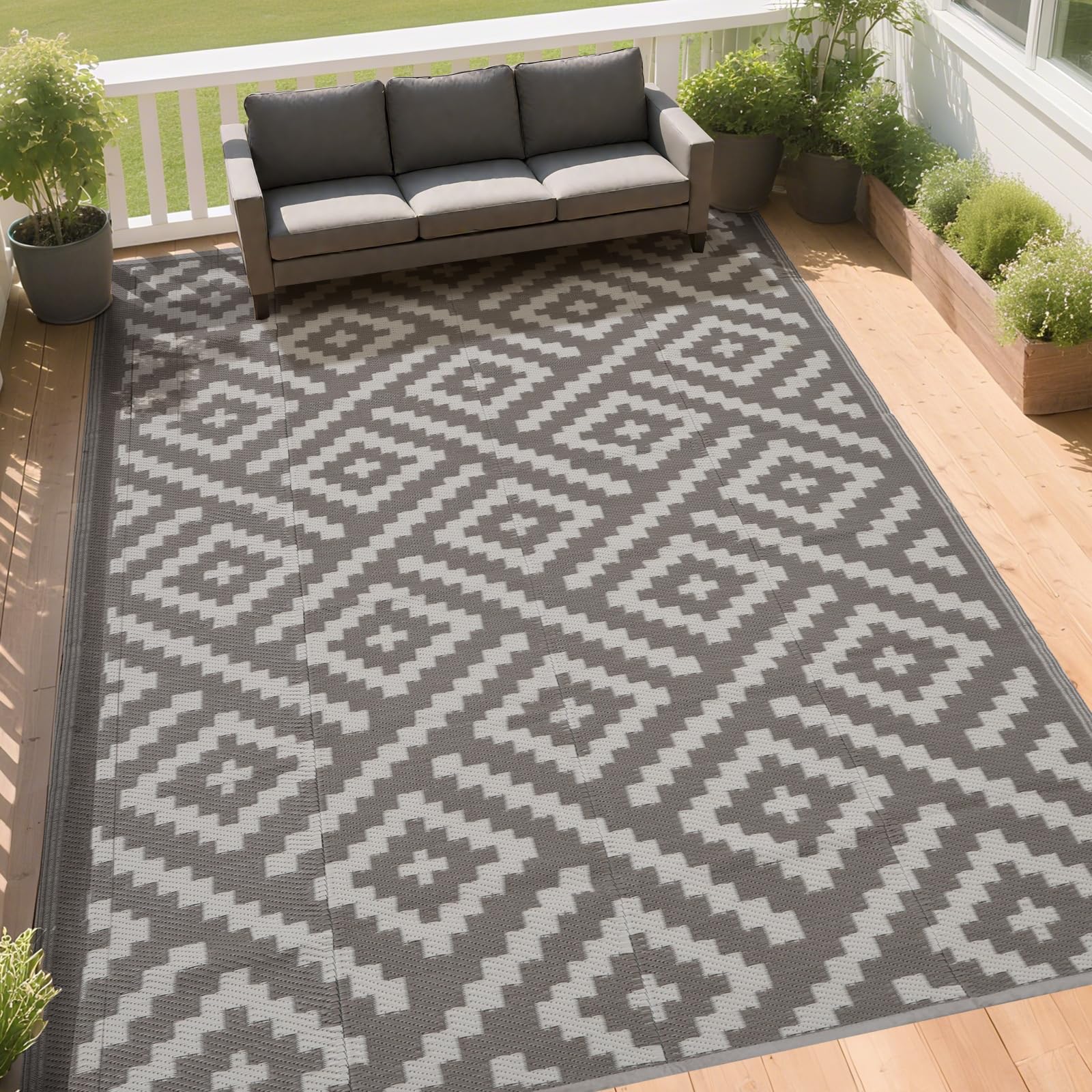 RURALITY Outdoor Rugs 8'x10' Waterproof for Patios Clearance,Plastic Straw Mats for RV, Camping,Backyard,Porch,Deck,Balcony,Reversible,Geometric