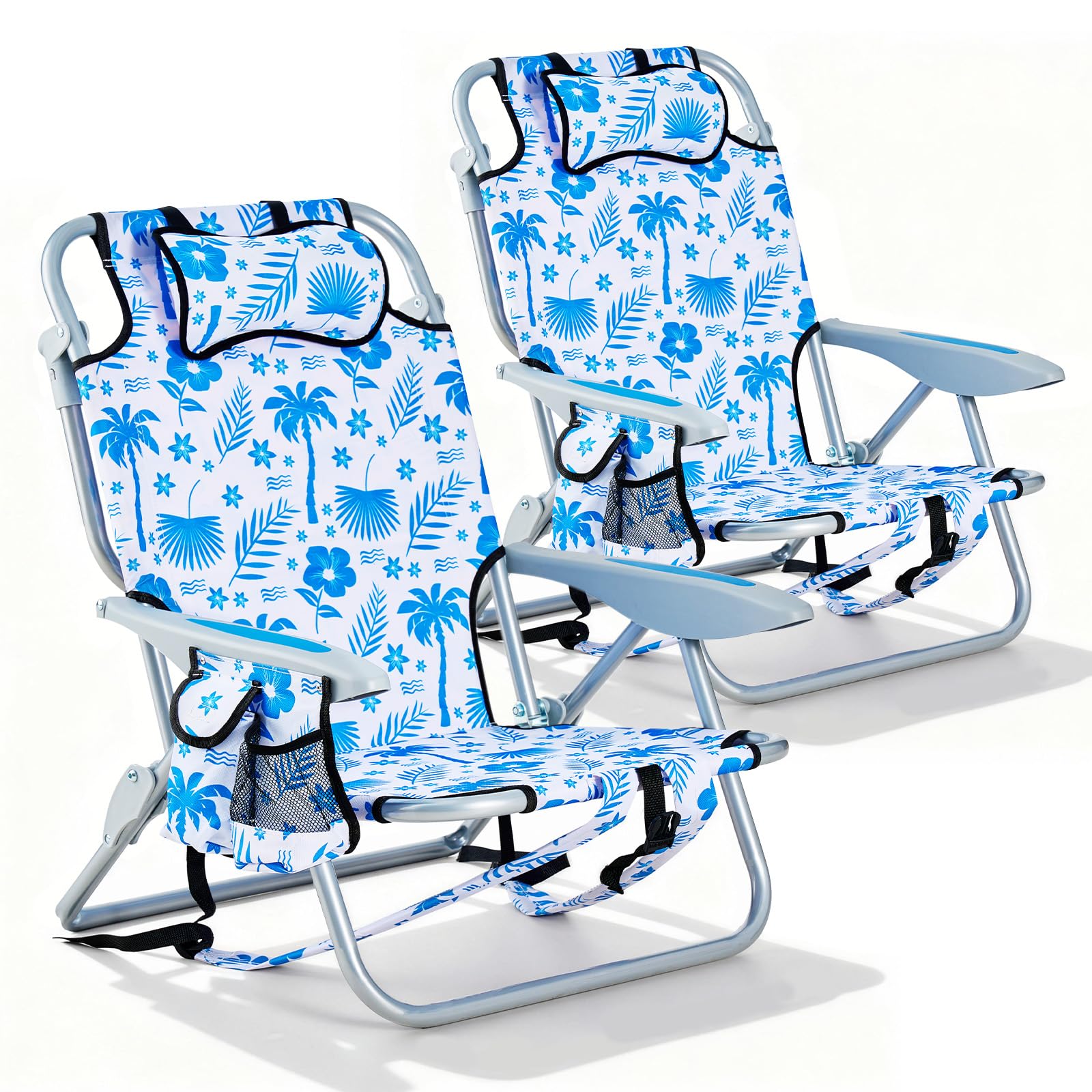 Portable Lay-Flat Beach Chair | 2-Pack | 5-Position Backpack Chair with Cup Holder