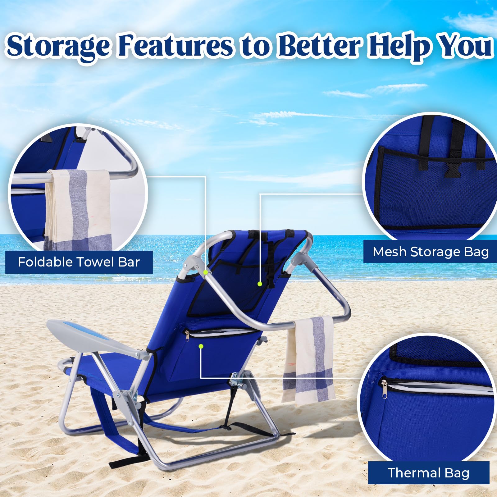 Portable Lay-Flat Beach Chair | 2-Pack | 5-Position Backpack Chair with Cup Holder